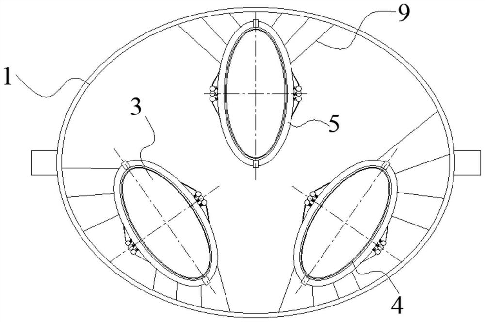 A dry-type transformer with an oval iron core