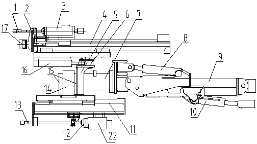 A rock drilling jib structure with one arm and two drills