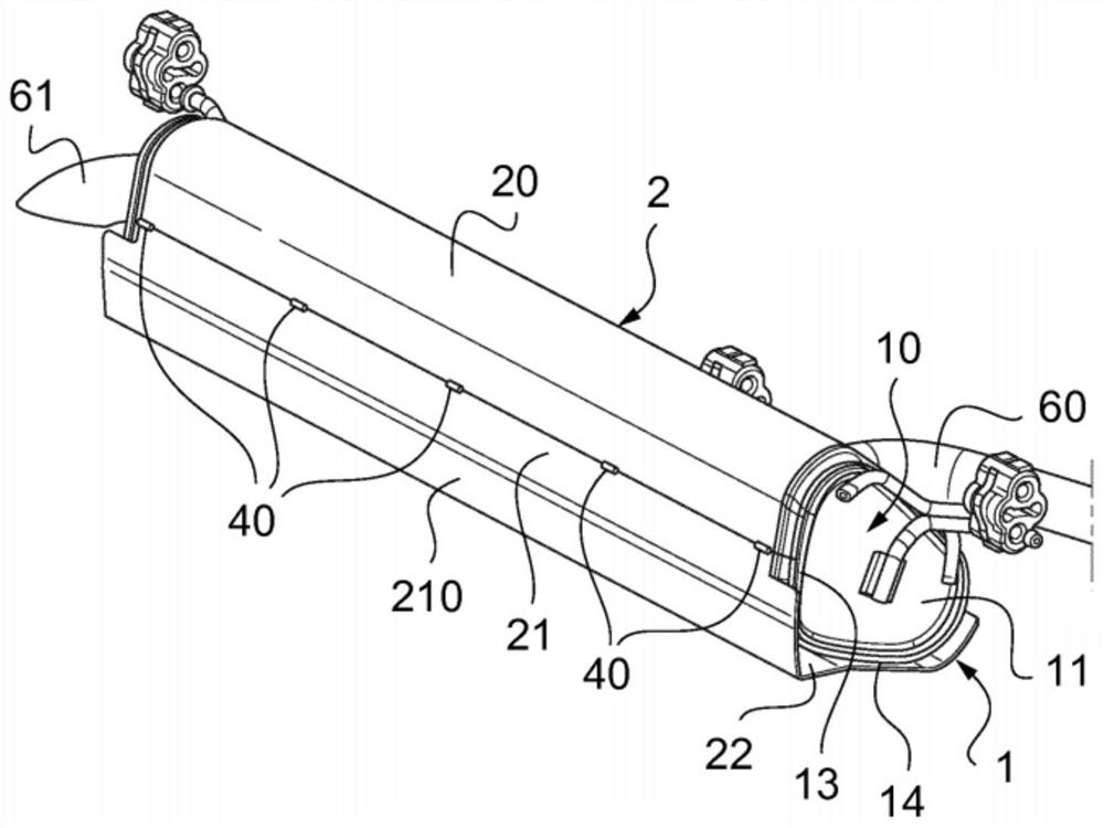 Device comprising silencer and aerodynamic deflector