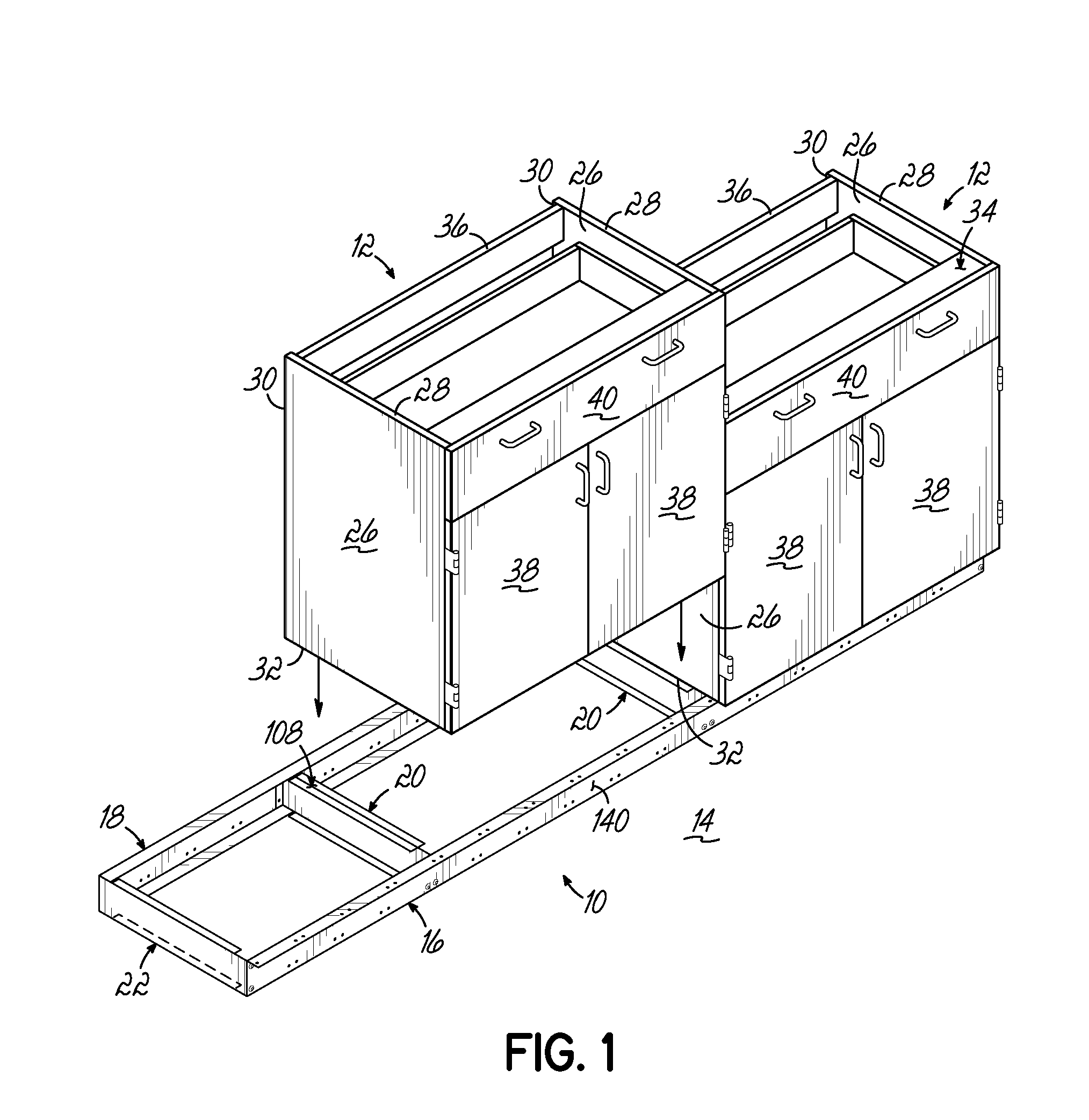 Platform assembly for supporting cabinets