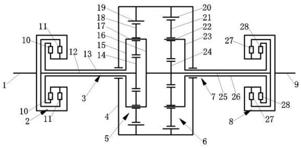 A four-speed automatic transmission with two dual-clutch dual-row planetary gears