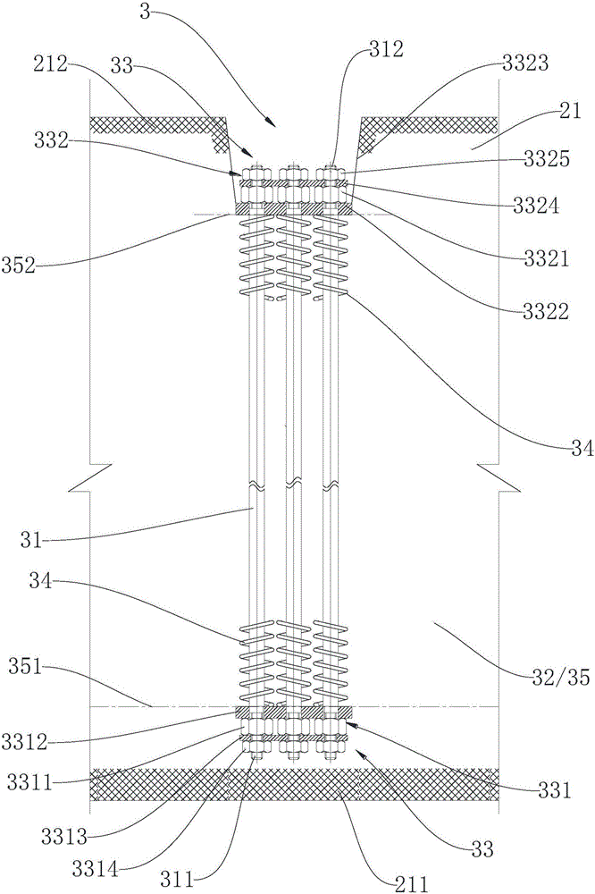 Super-long vertical unbonded prestress structure and assembling method thereof