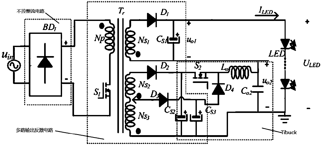 Compound auxiliary winding TiBuck-Flyback single-stage LED driving circuit