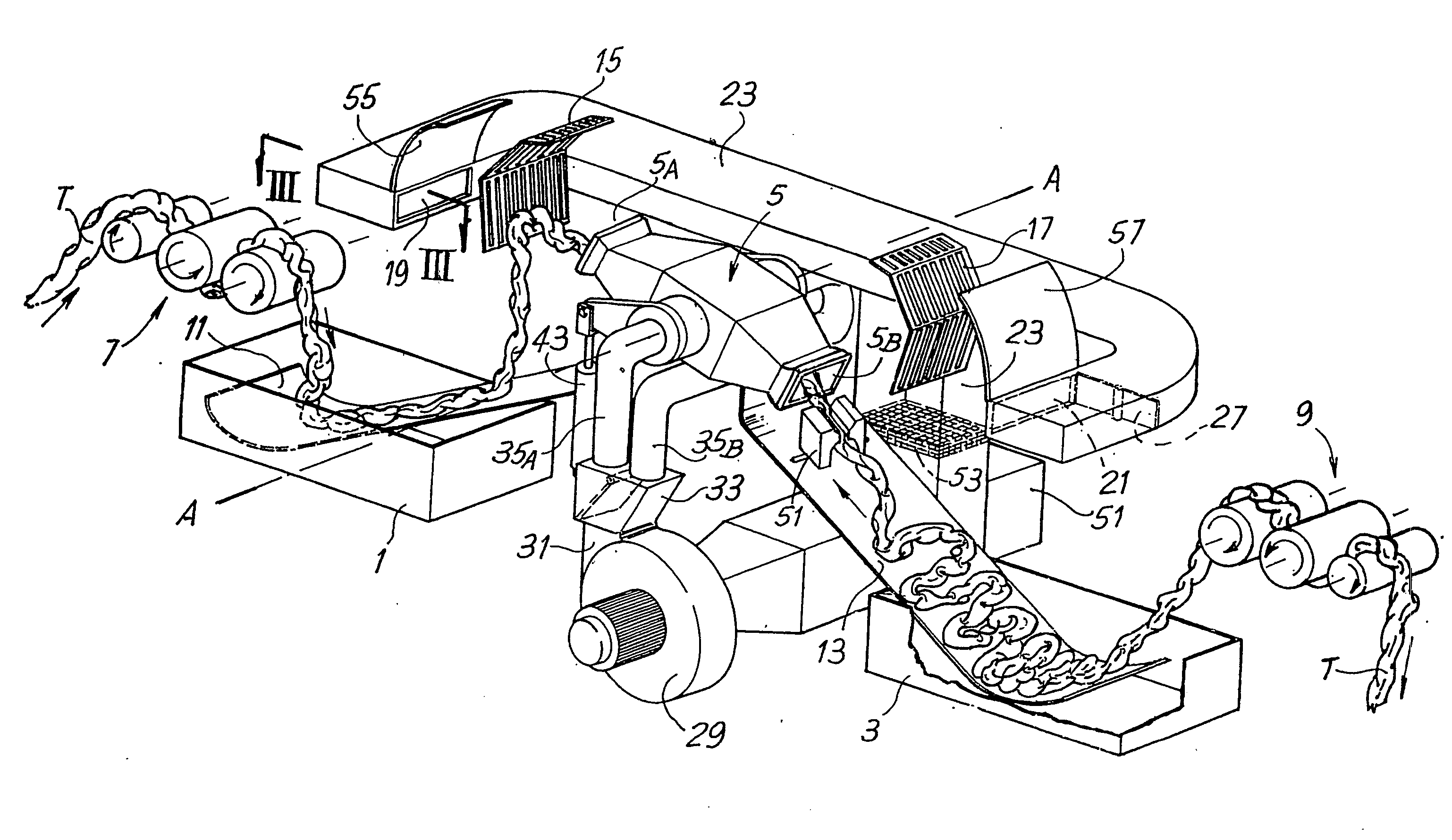 Machine and method for the continuous treatment of a fabric