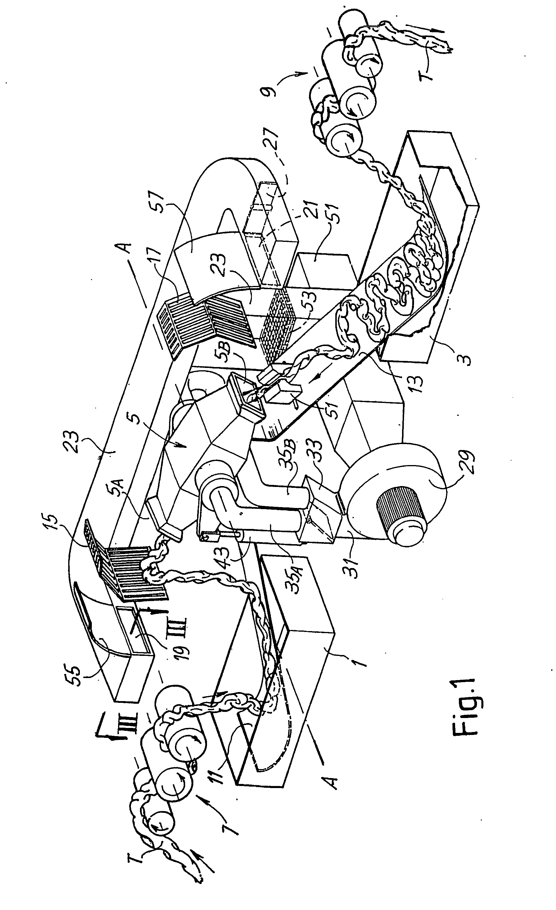 Machine and method for the continuous treatment of a fabric