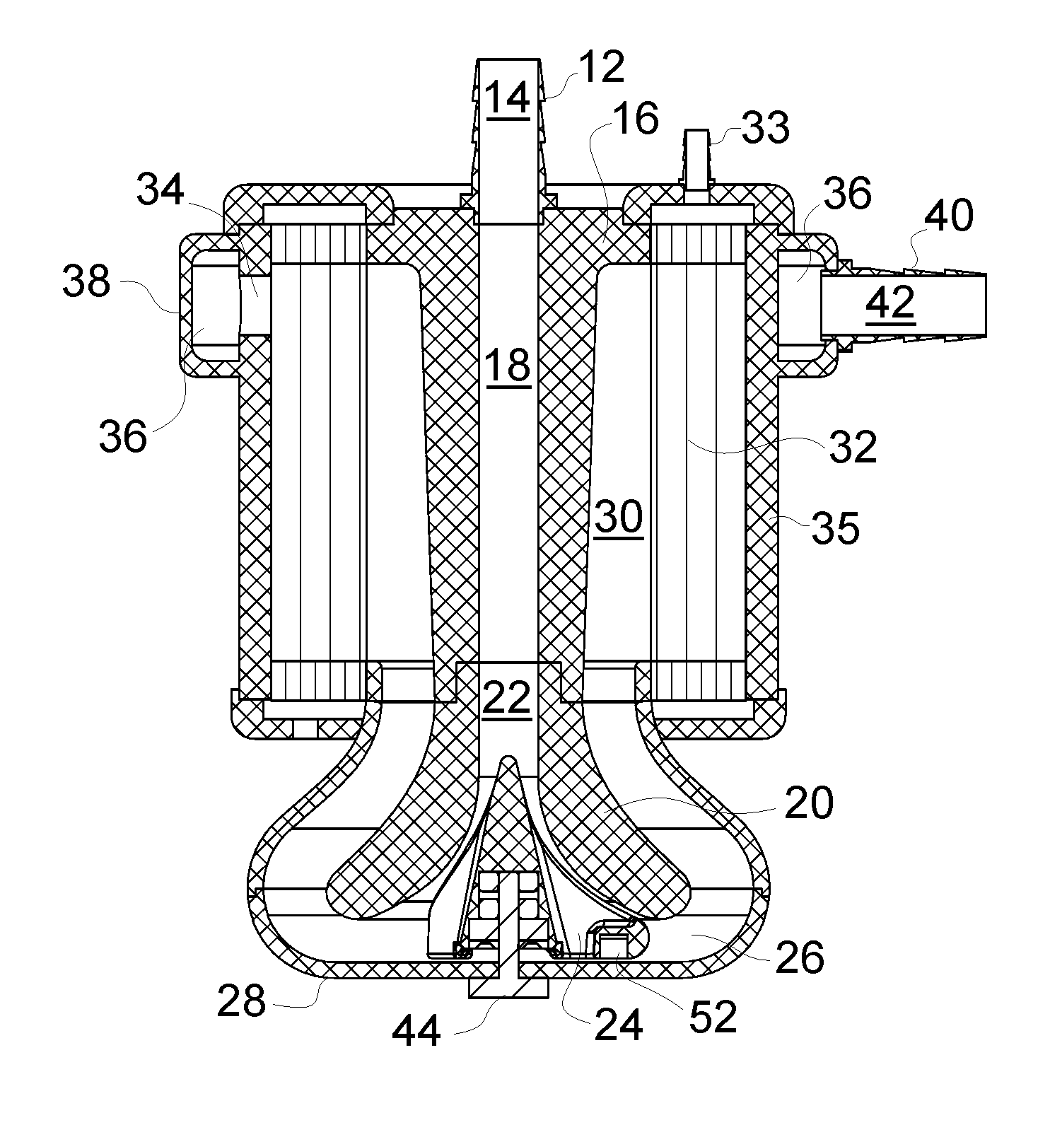 Compact integrated blood pump oxygenator or gas transfer device with hydrogel impeller packing material and rollover impeller outlet