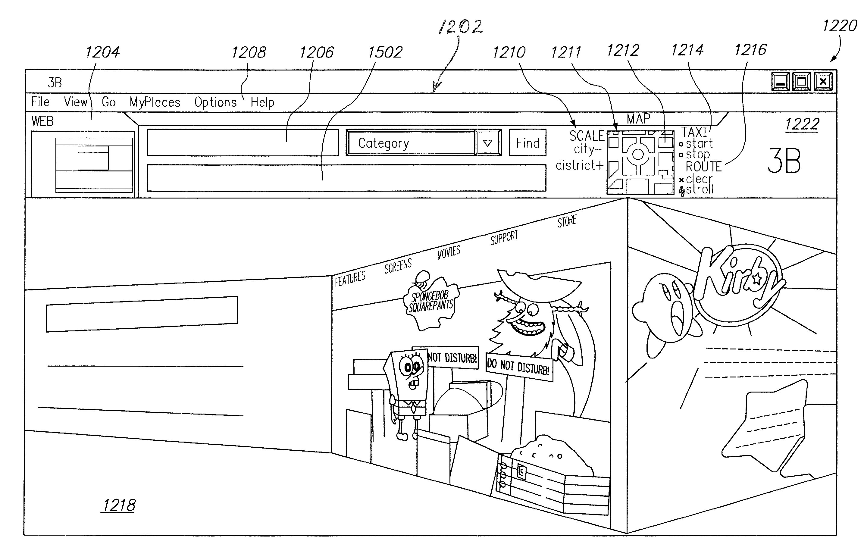 Graphical user interface for 3d virtual display browser using virtual display windows