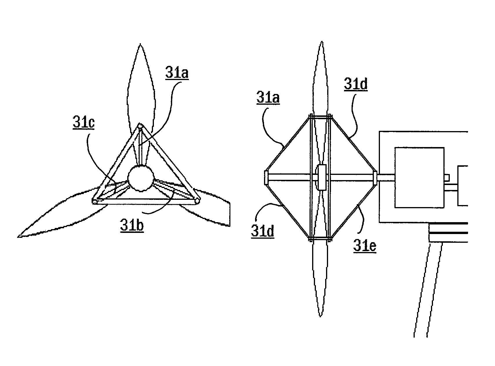 Wind turbine blades with reinforcing, supporting and stabilizing components and enlarged swept area