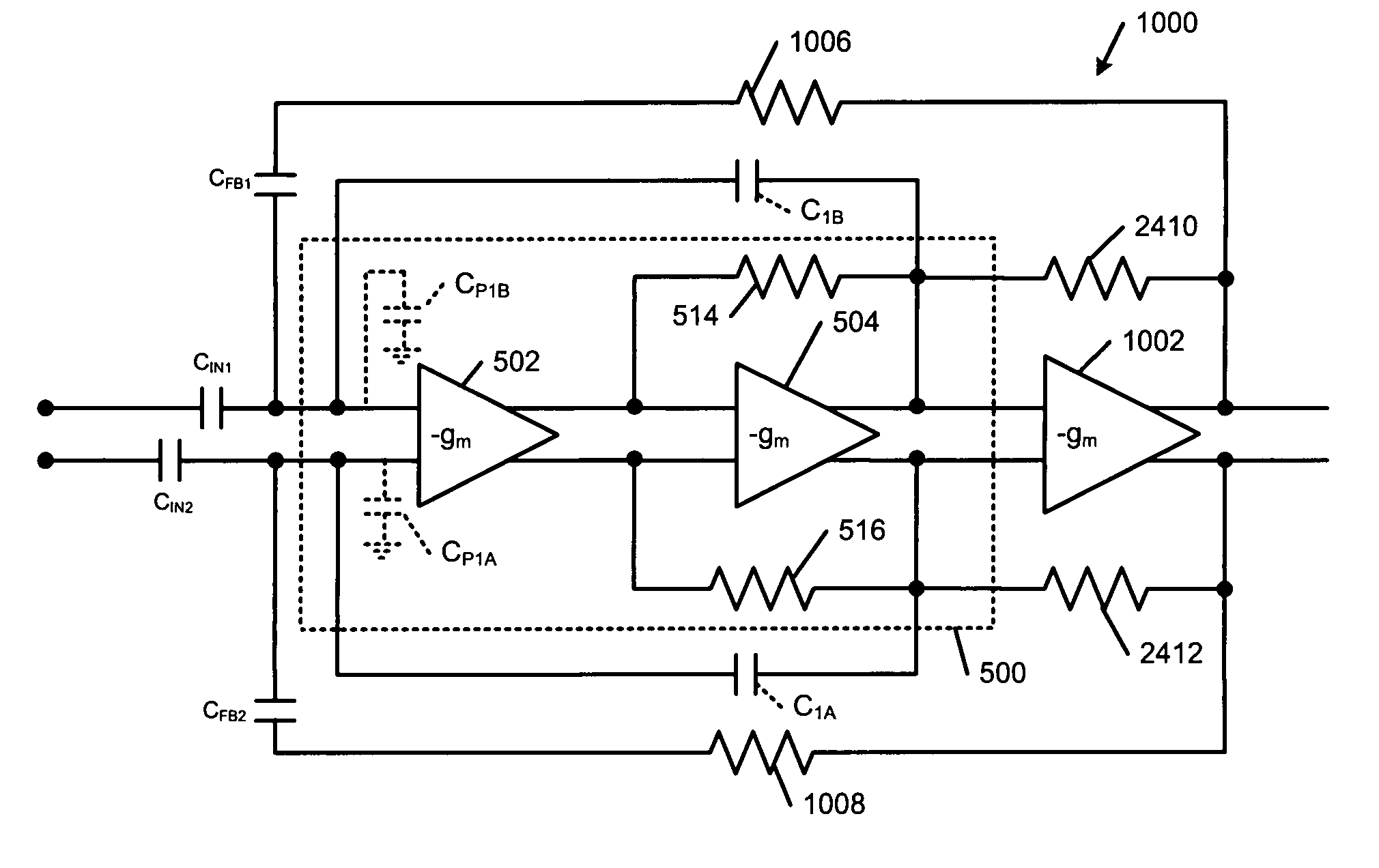 Nested transimpedance amplifier with capacitive cancellation of input parasitic capacitance