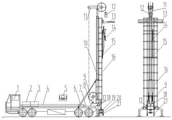 A vehicle-mounted fully automatic intelligent hydraulic workover rig with tubing strings placed vertically