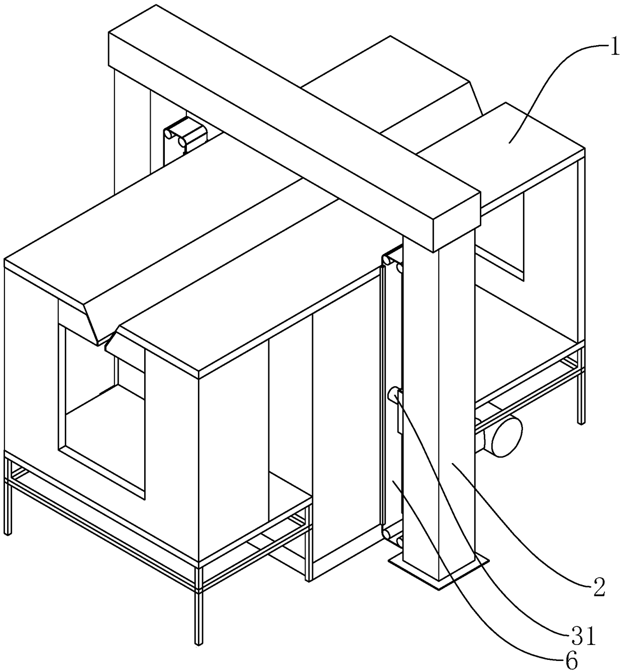 Powder spraying chamber with automatic gun collection beam inlet-outlet groove openings using dynamic sealing structures