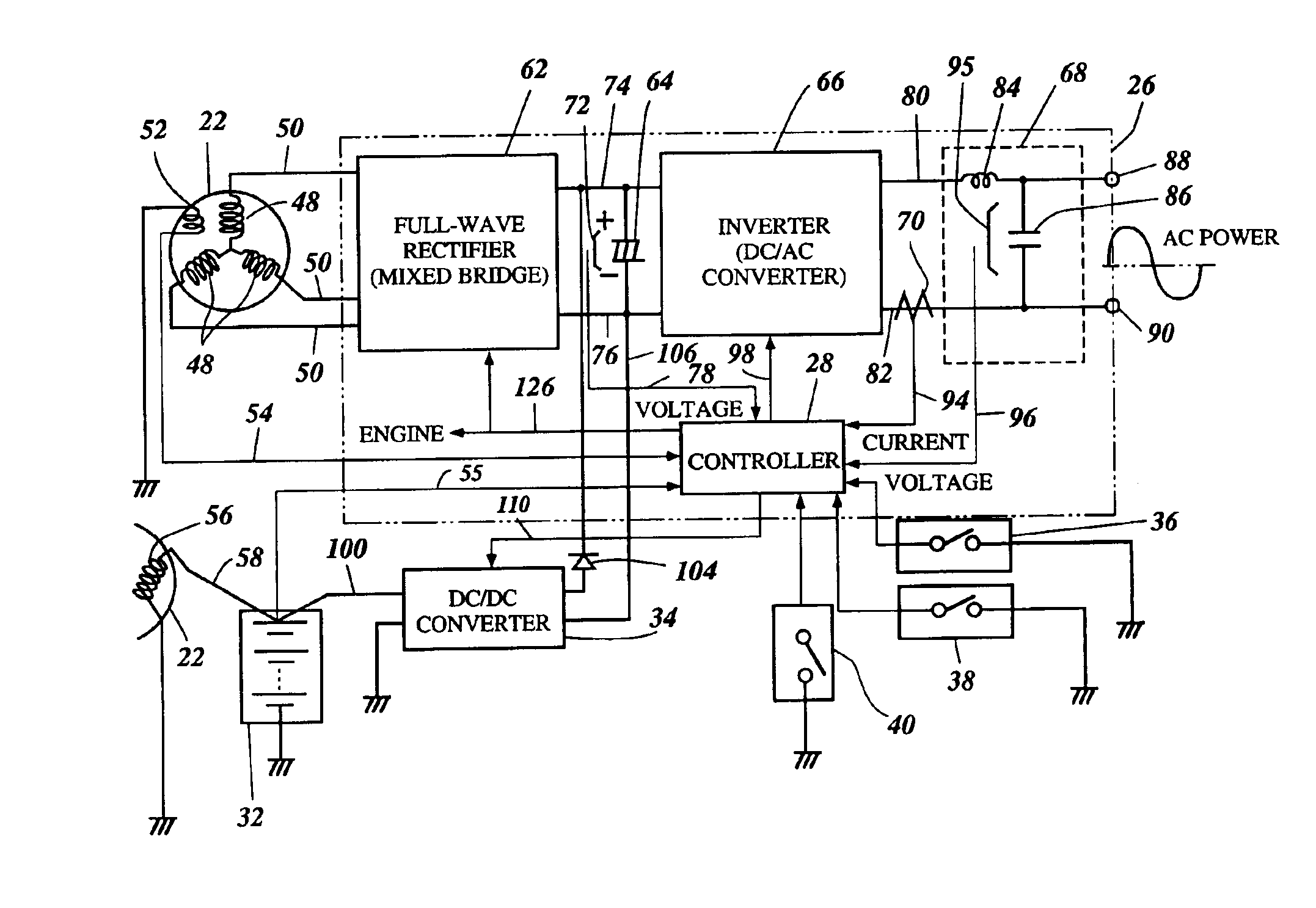 Portable power supply incorporating a generator driven by an engine