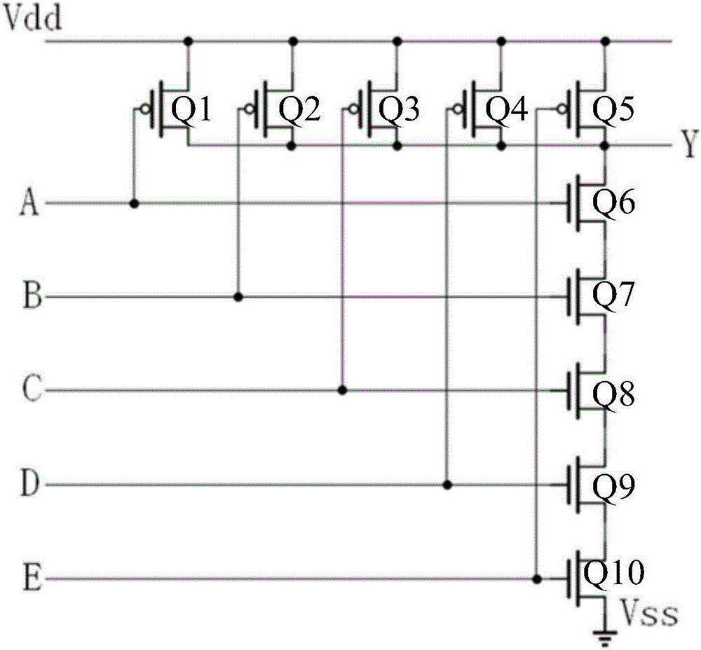 Circuit for transistor level implementation scheme of five input end combination logical circuit