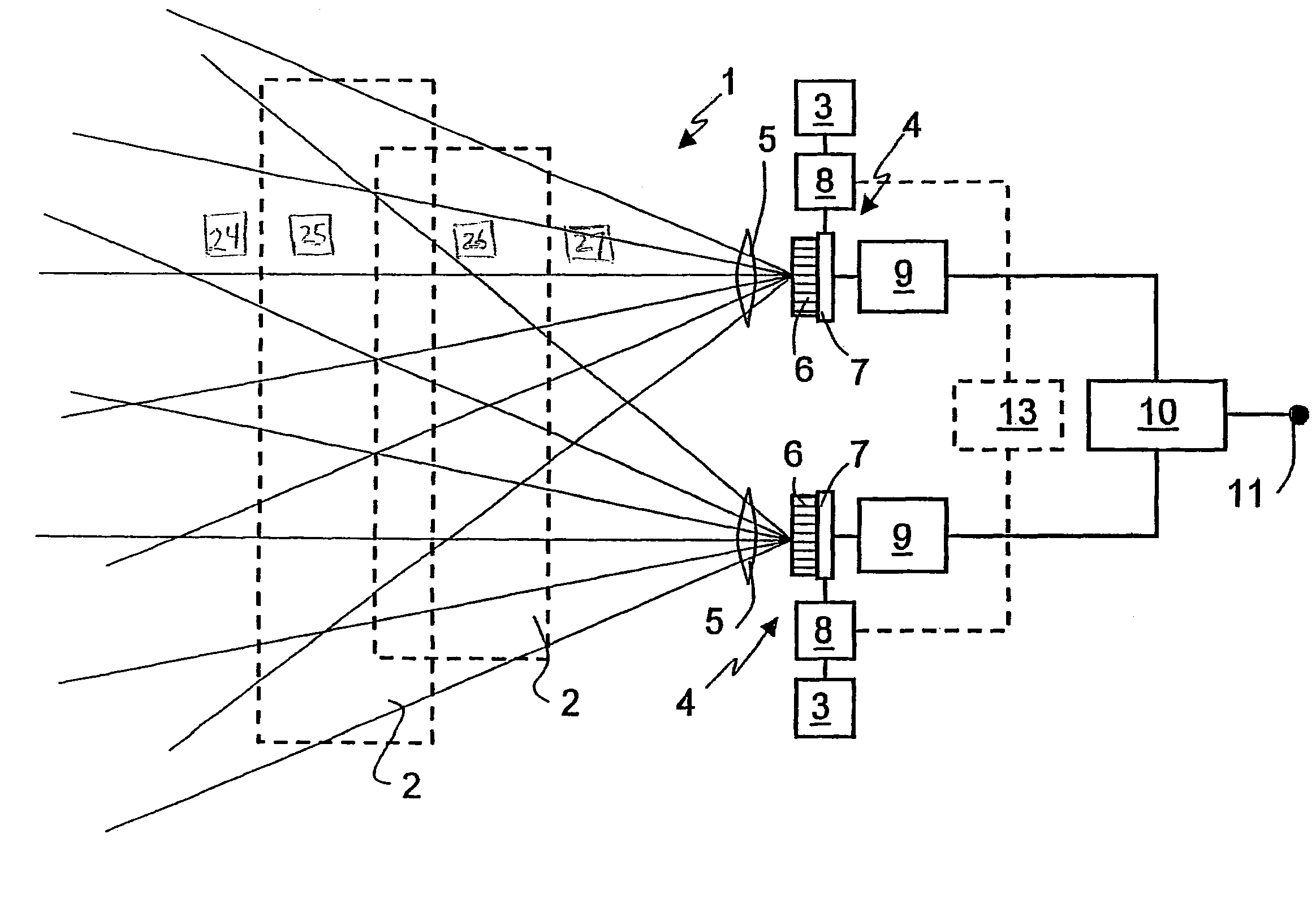 Device for monitoring spatial areas