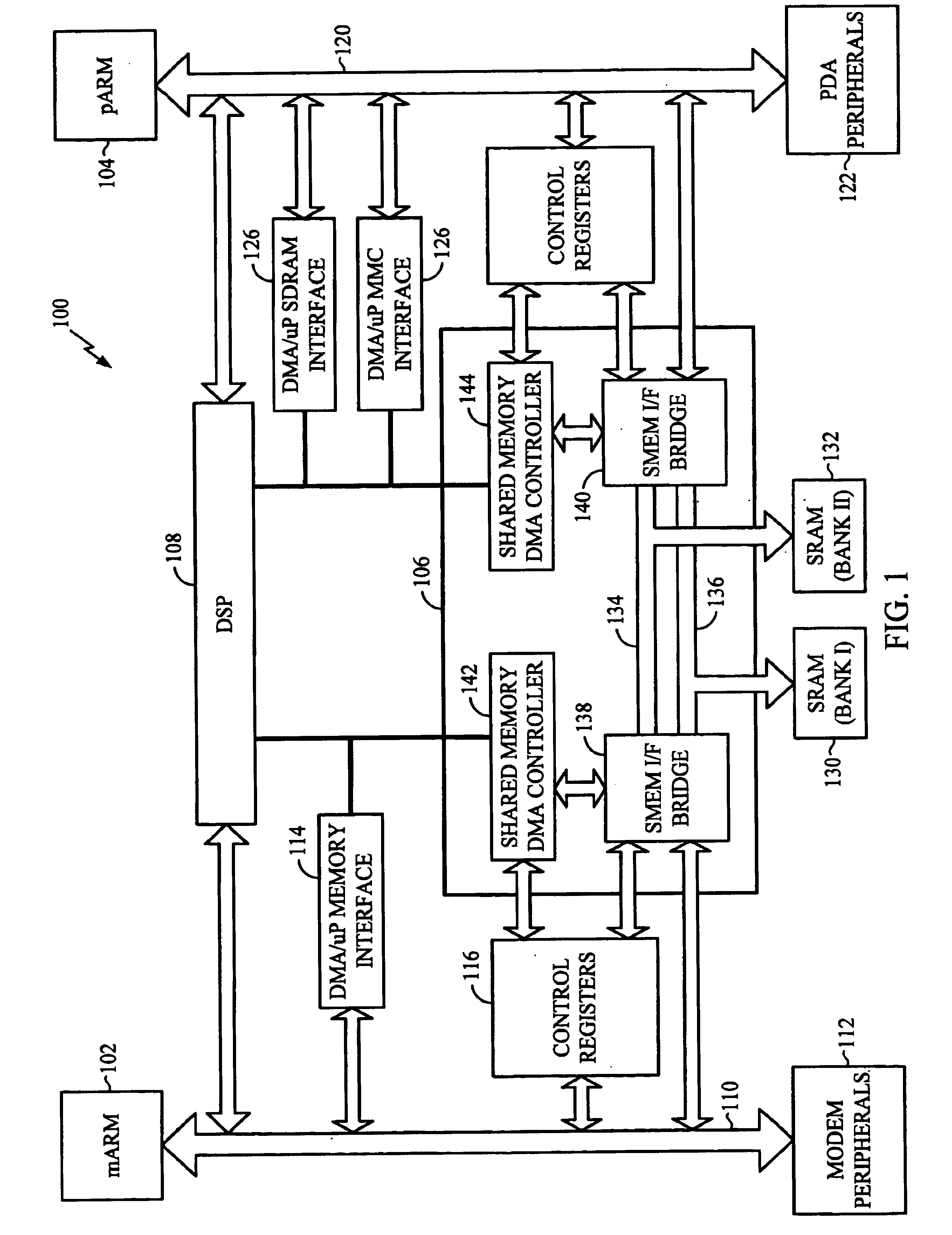 Mobile communication device having dual micro processor architecture with shared digital signal processor and shared memory