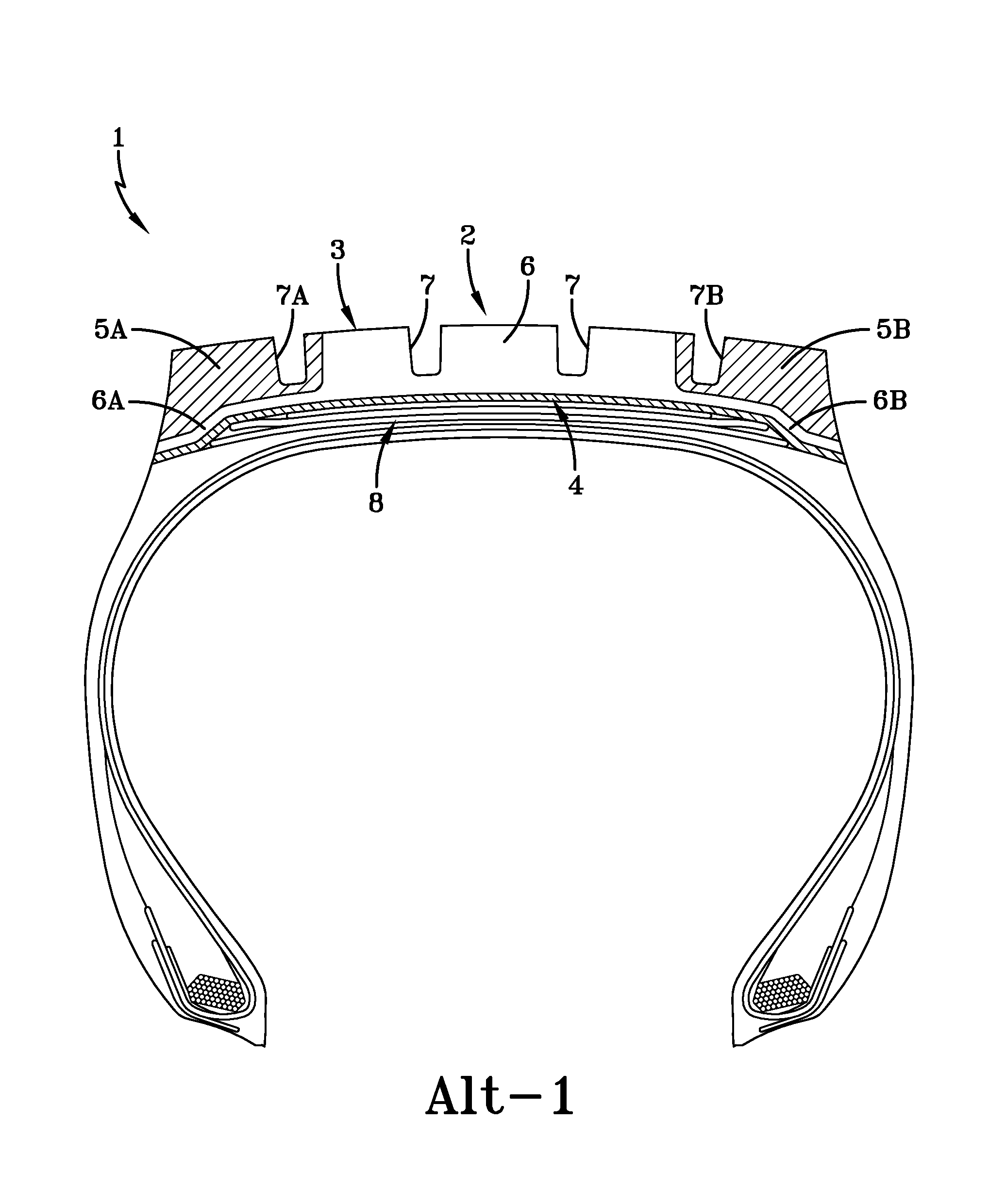 Tire with rubber tread of intermedial and peripheral stratified zones