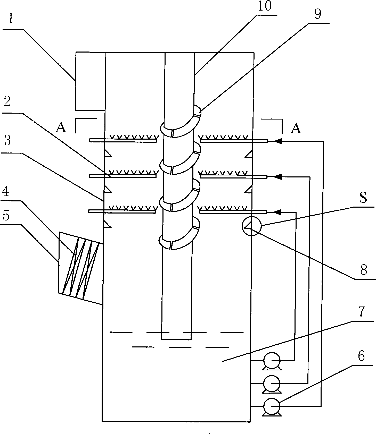 Helical airflow type wet method flue gas desulfurization process and spraying tower thereof