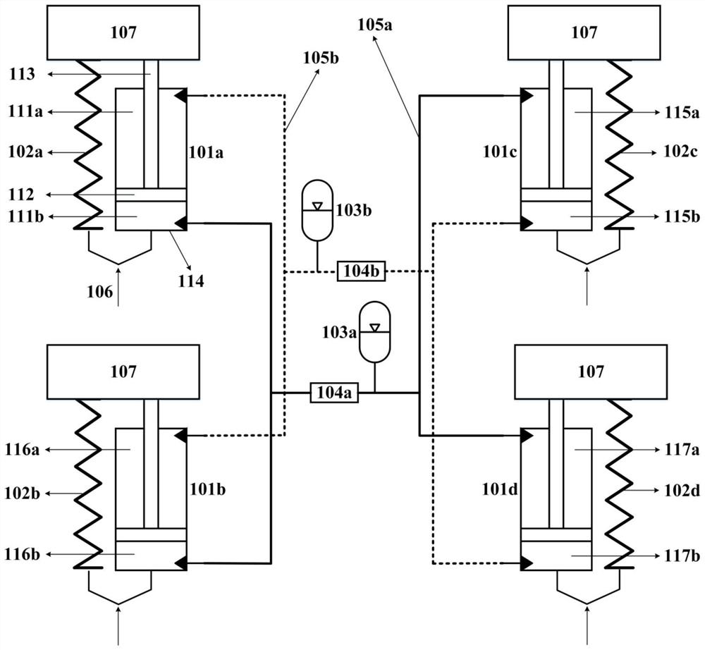 Oil-gas interconnection suspension with self-adaptive damping and adjustable roll stiffness