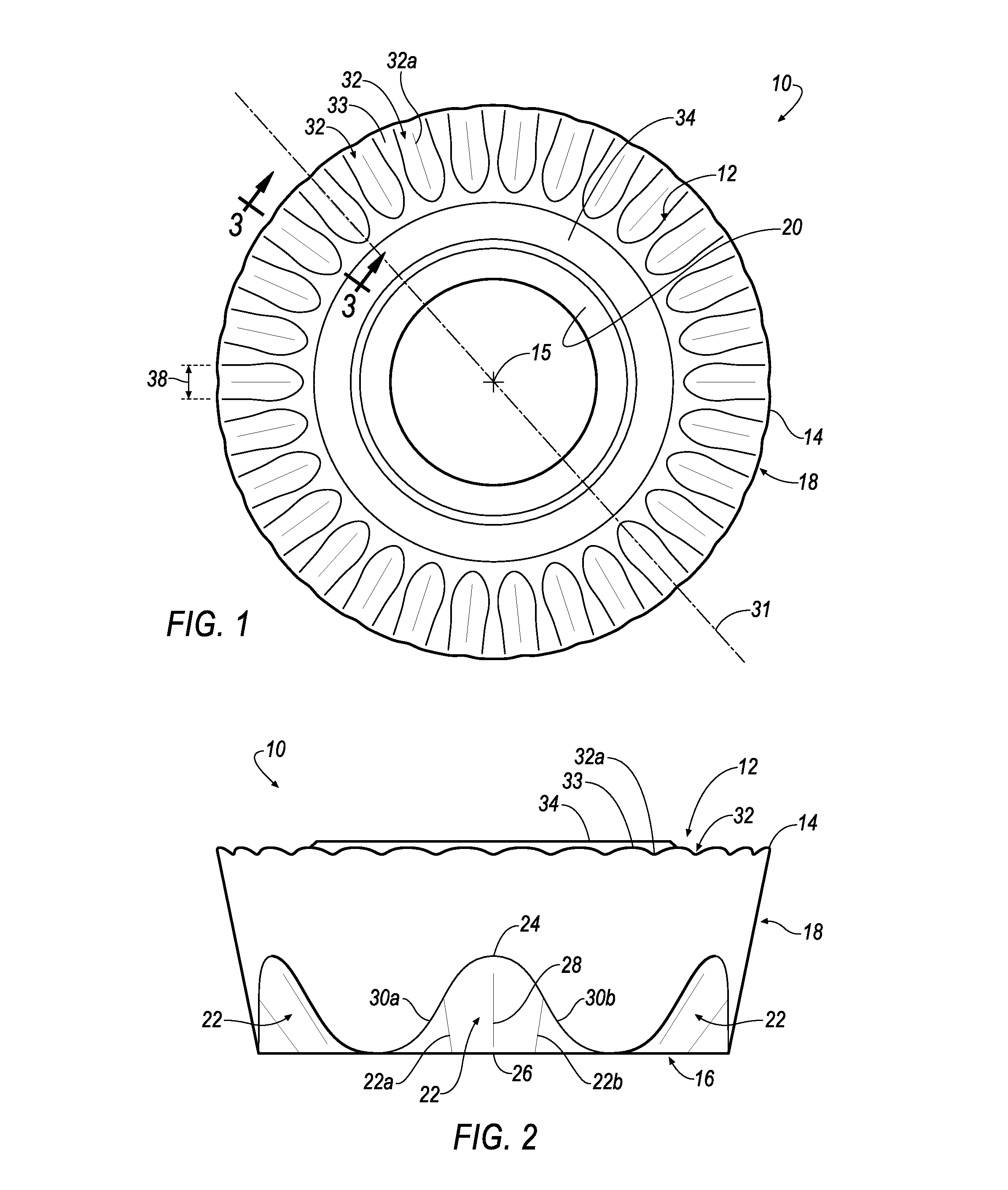 Round cutting insert with serrated topography