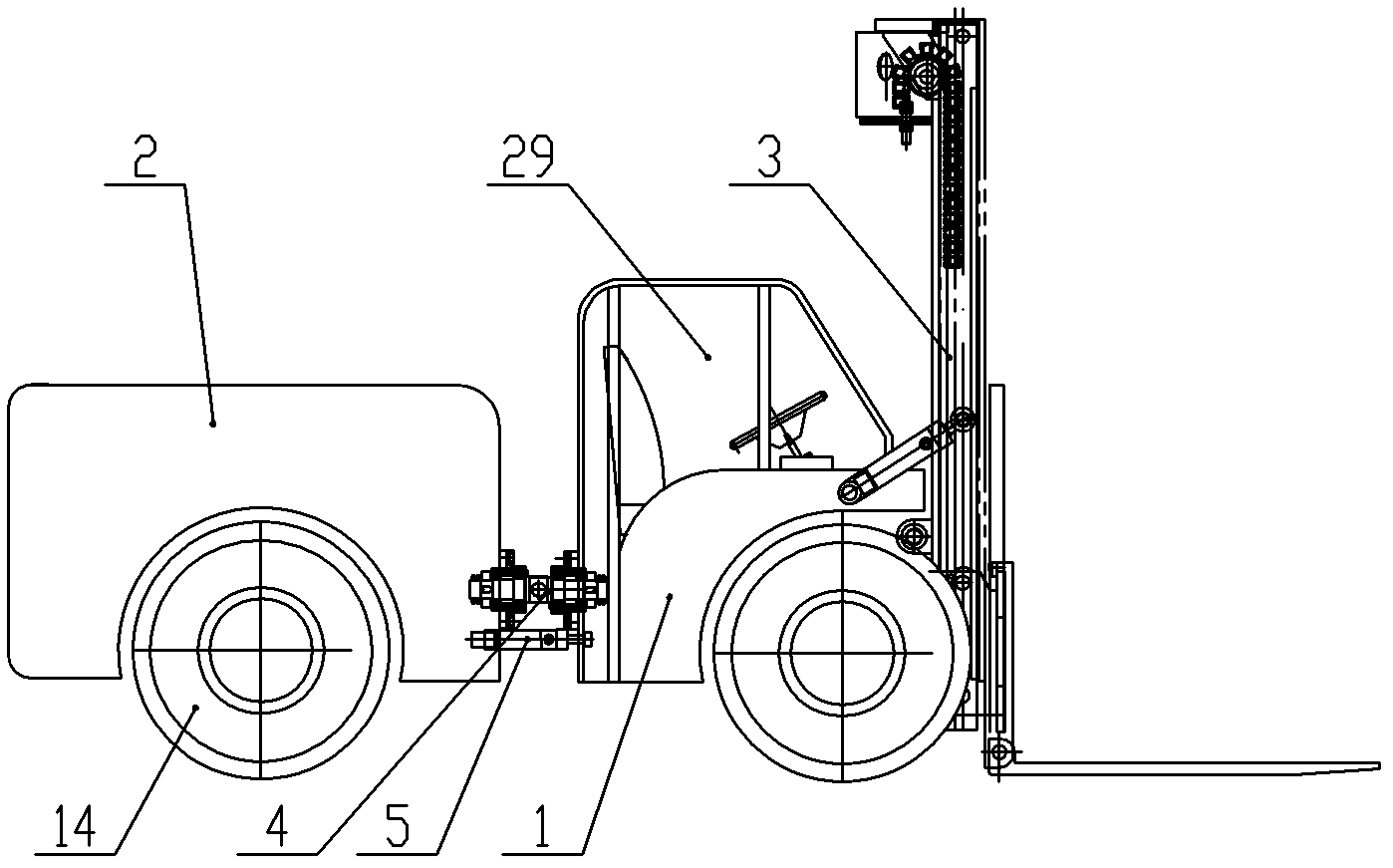 Off-road type forklift with hydrostatic four-wheel drive and articulated frame