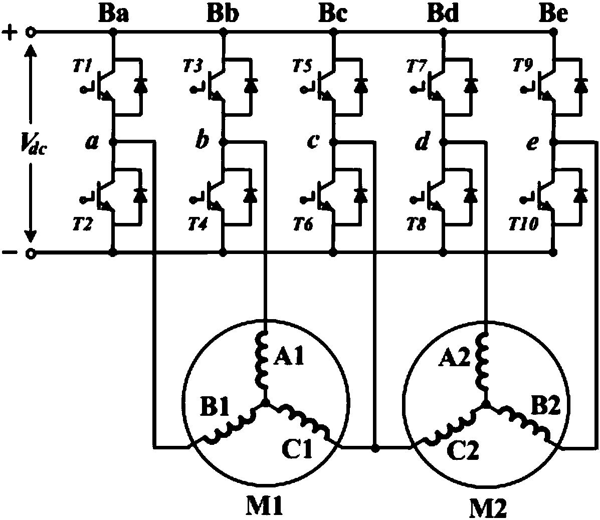 Five-phase inverter with dual three-phase motors and control method of five-phase inverter