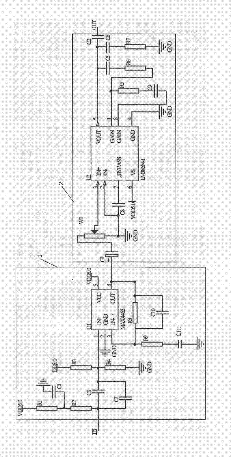 Cardiac sound amplifying circuit based on MAX 4465 amplifier chip and LM 386 amplifier chip