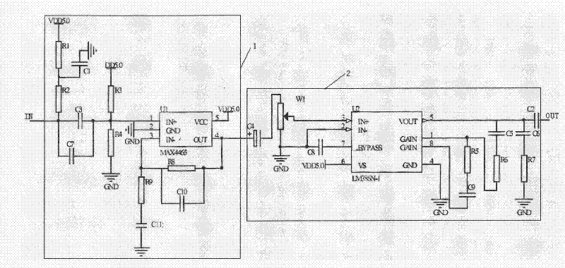 Cardiac sound amplifying circuit based on MAX 4465 amplifier chip and LM 386 amplifier chip