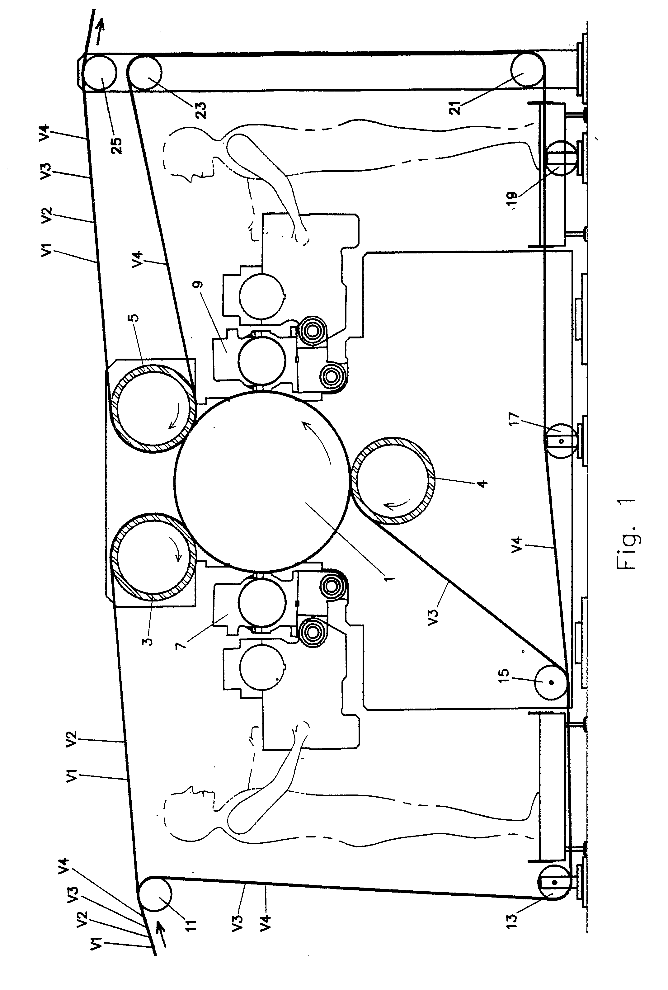 Embossing and laminating method and device for producing multi-ply web products and relative product