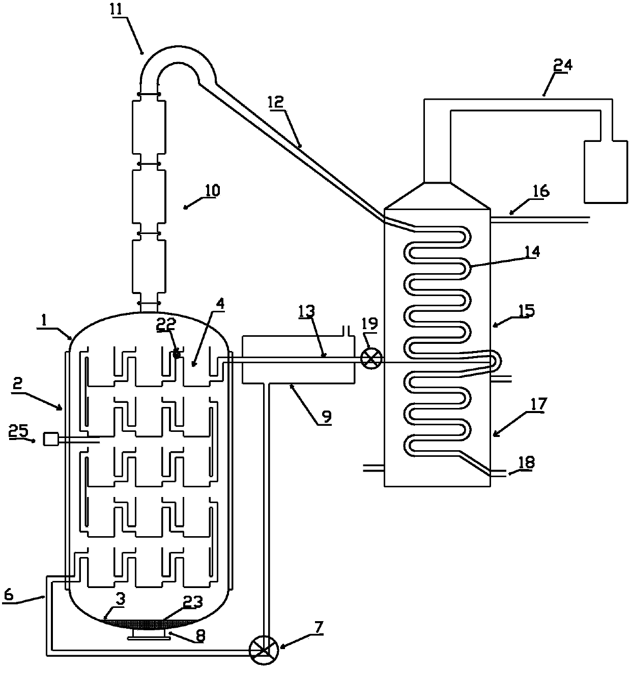 Full-automatic buffer pool tower type continuous distiller