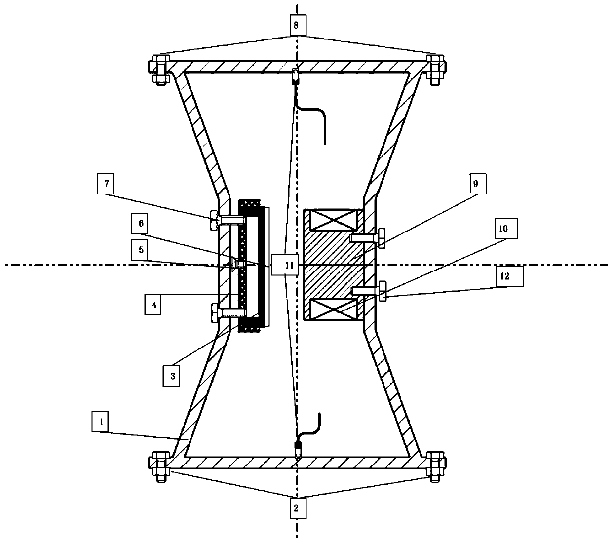 An hourglass type electromagnetic vibration isolator