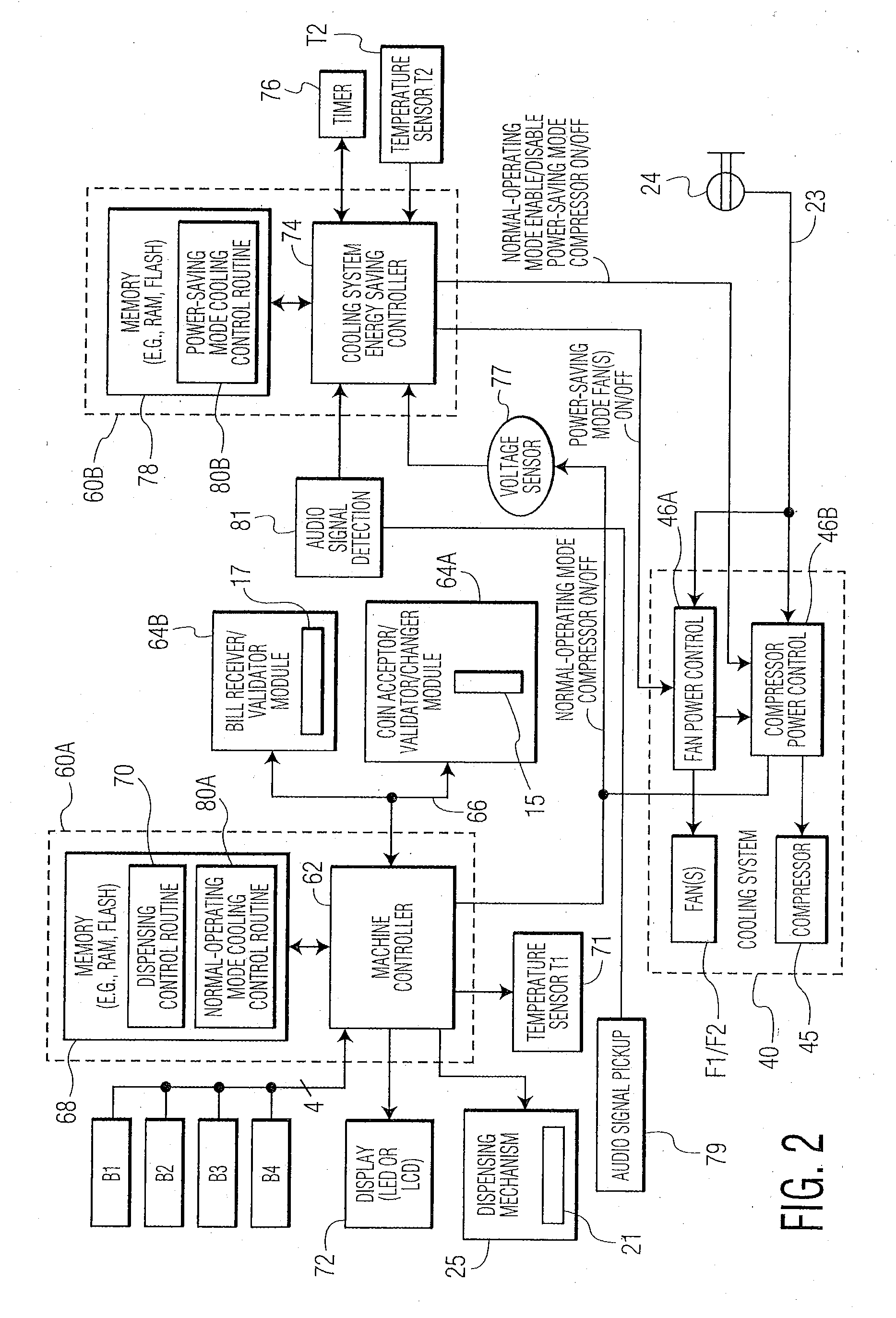 Method and apparatus for conserving power consumed by a vending machine utilizing audio signal detection