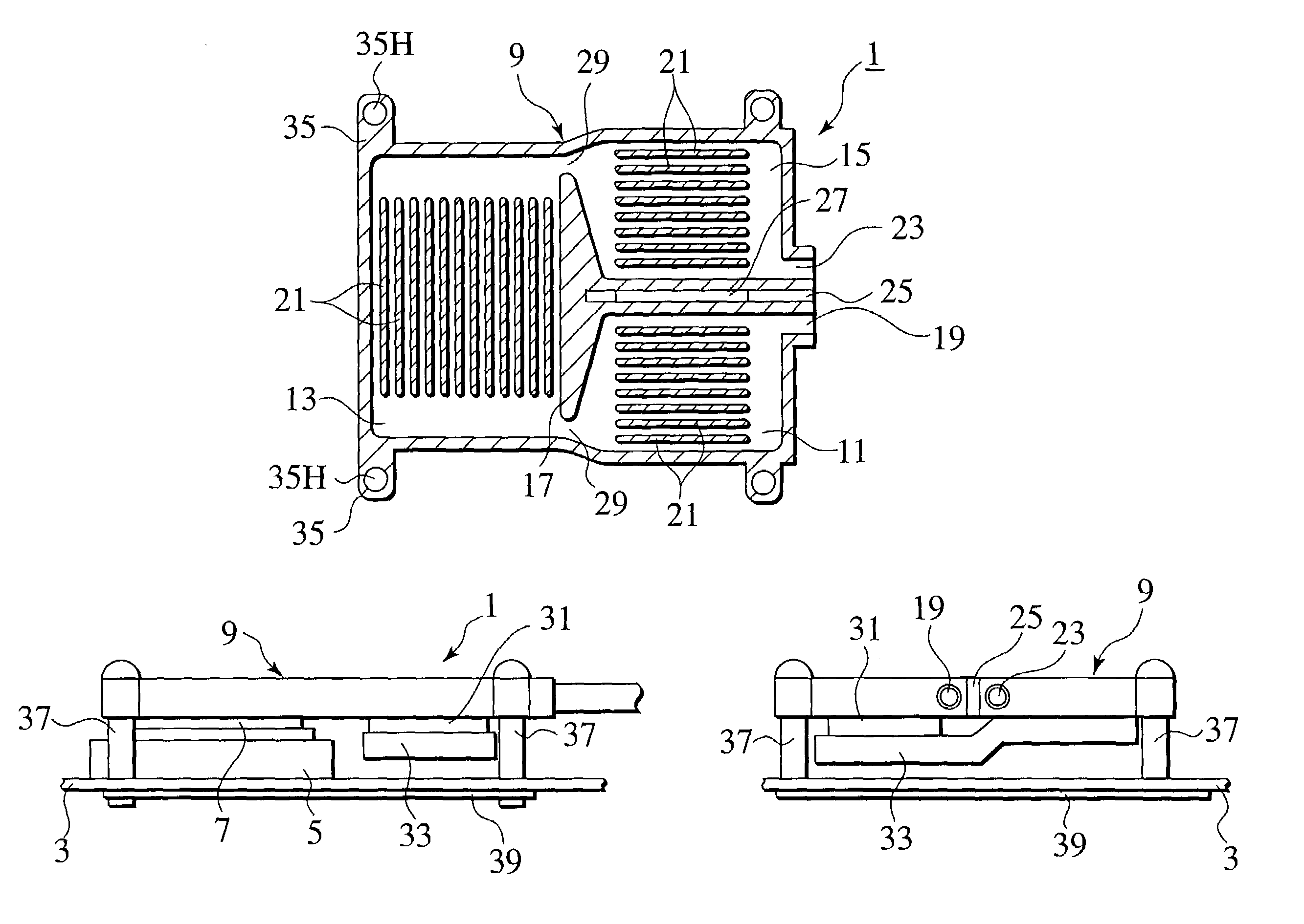 Cooling device for electronic element producing concentrated heat and electronic device