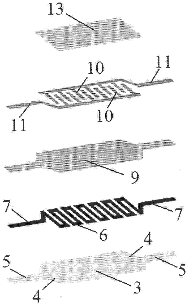 Resistance type gas sensor with two support suspension beams and six-layer structure, and method thereof