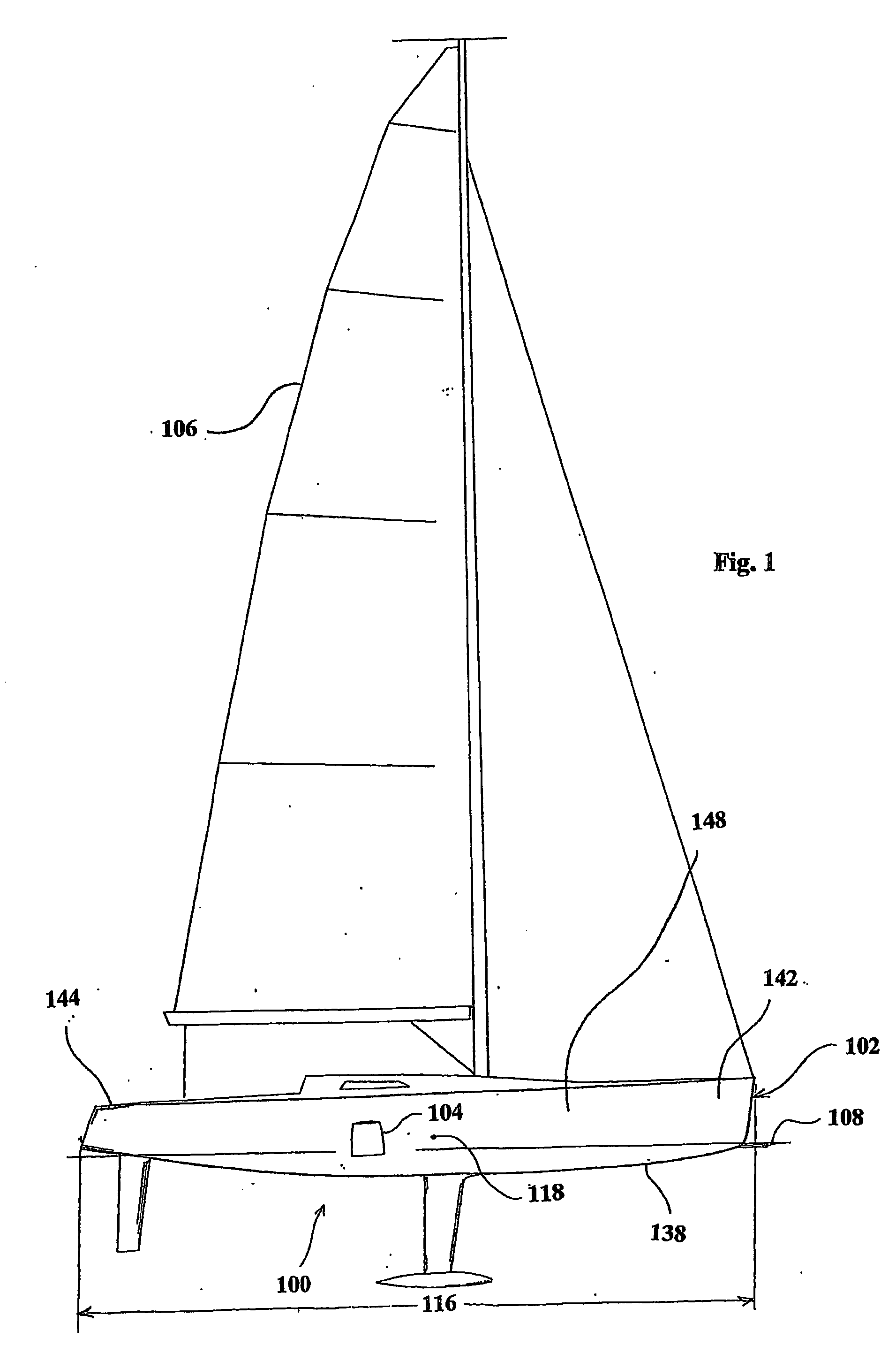 Monohull sailing vessel having a lifting hydrofoil