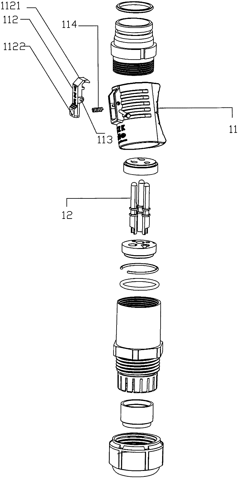 Industrial connector, and male head and female socket thereof