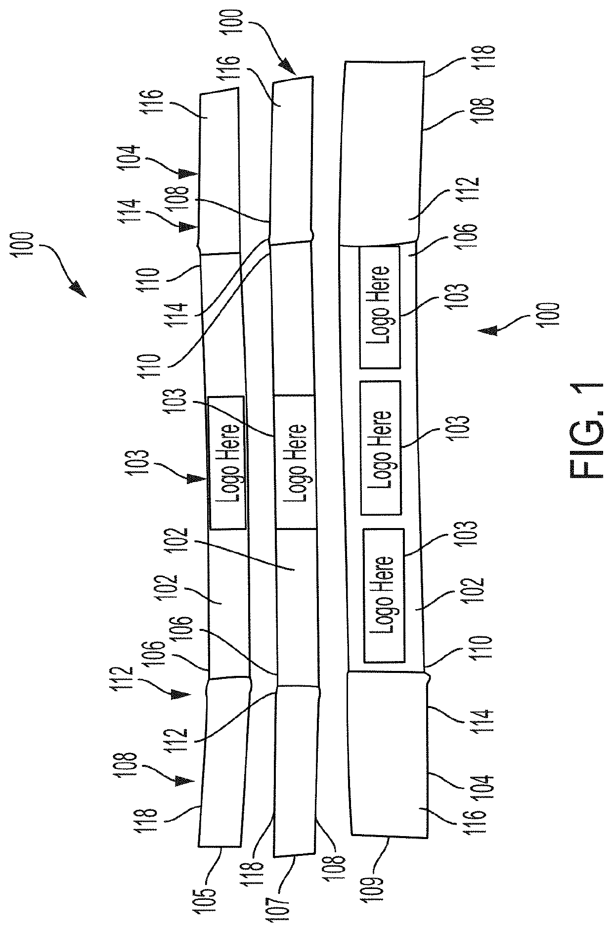Mobile device elastomeric support strap with visibly identifiable expandable logo imprints