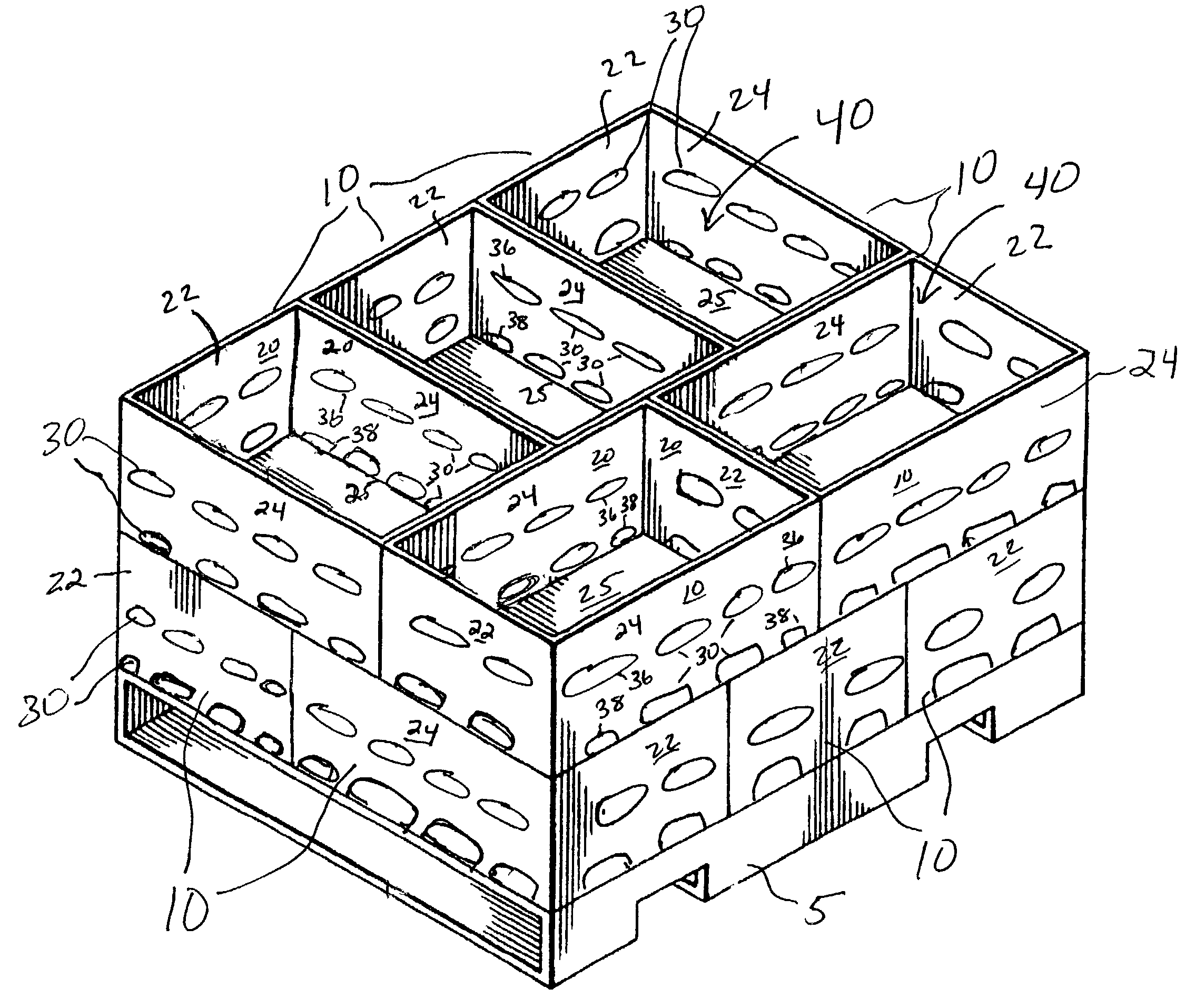 Produce carrying trays and method of cooling produce in a five-down configuration