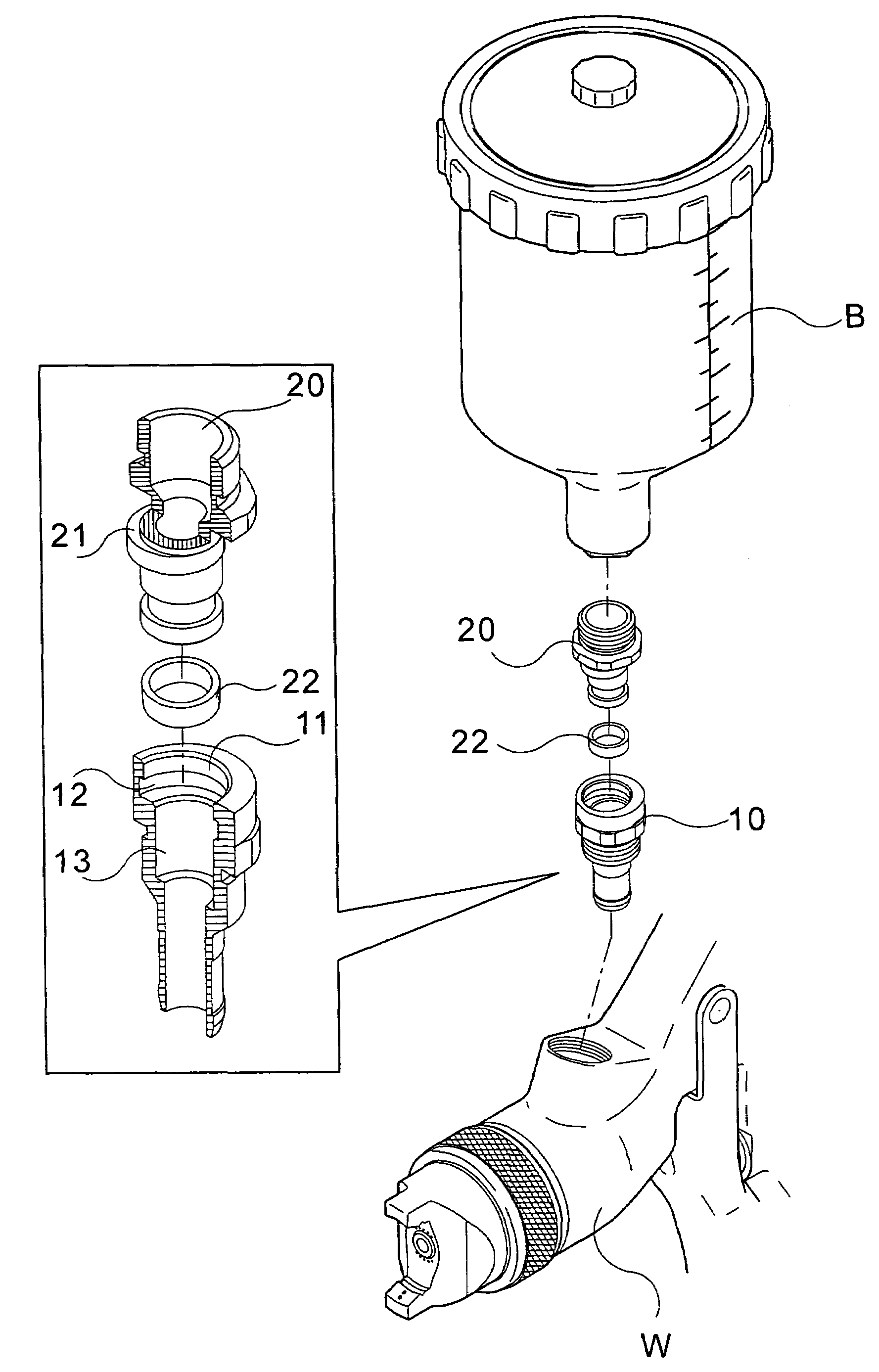 Connection of cup and paint sprayer