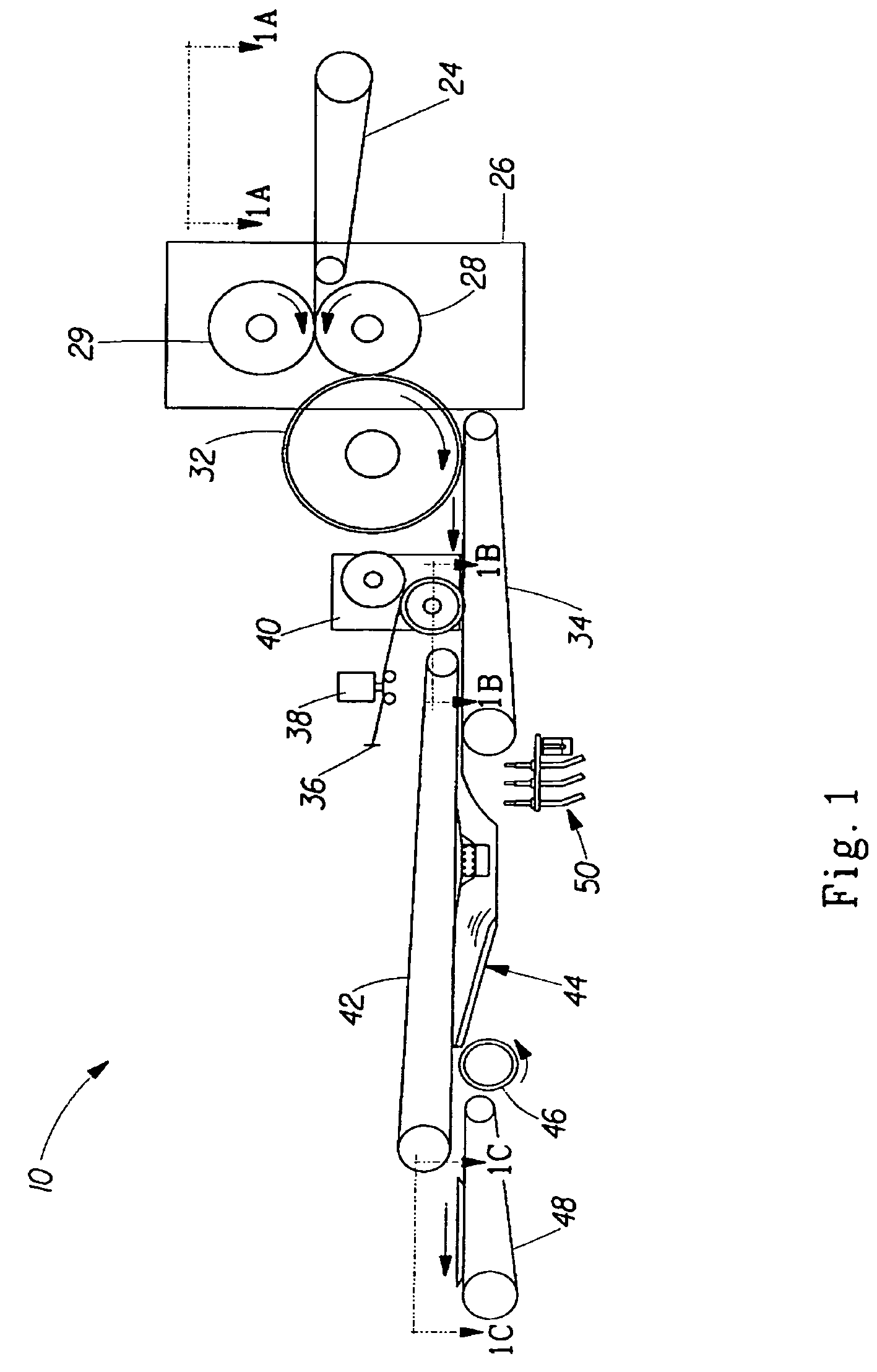 Folding system and process for a continuous moving web operation