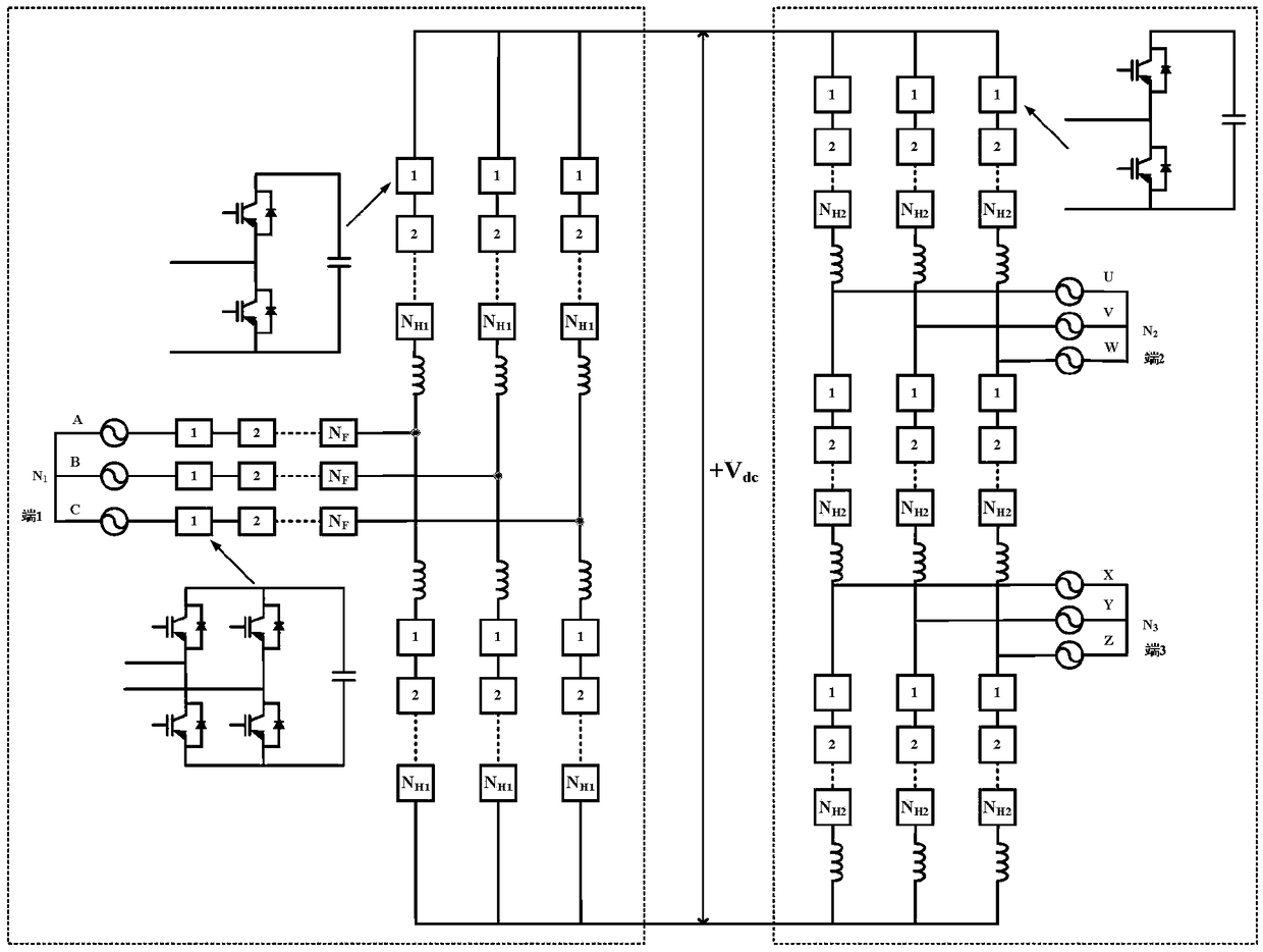 Three-port flexible multi-state switching device based on bridge arm multiplexing and hybrid cascade