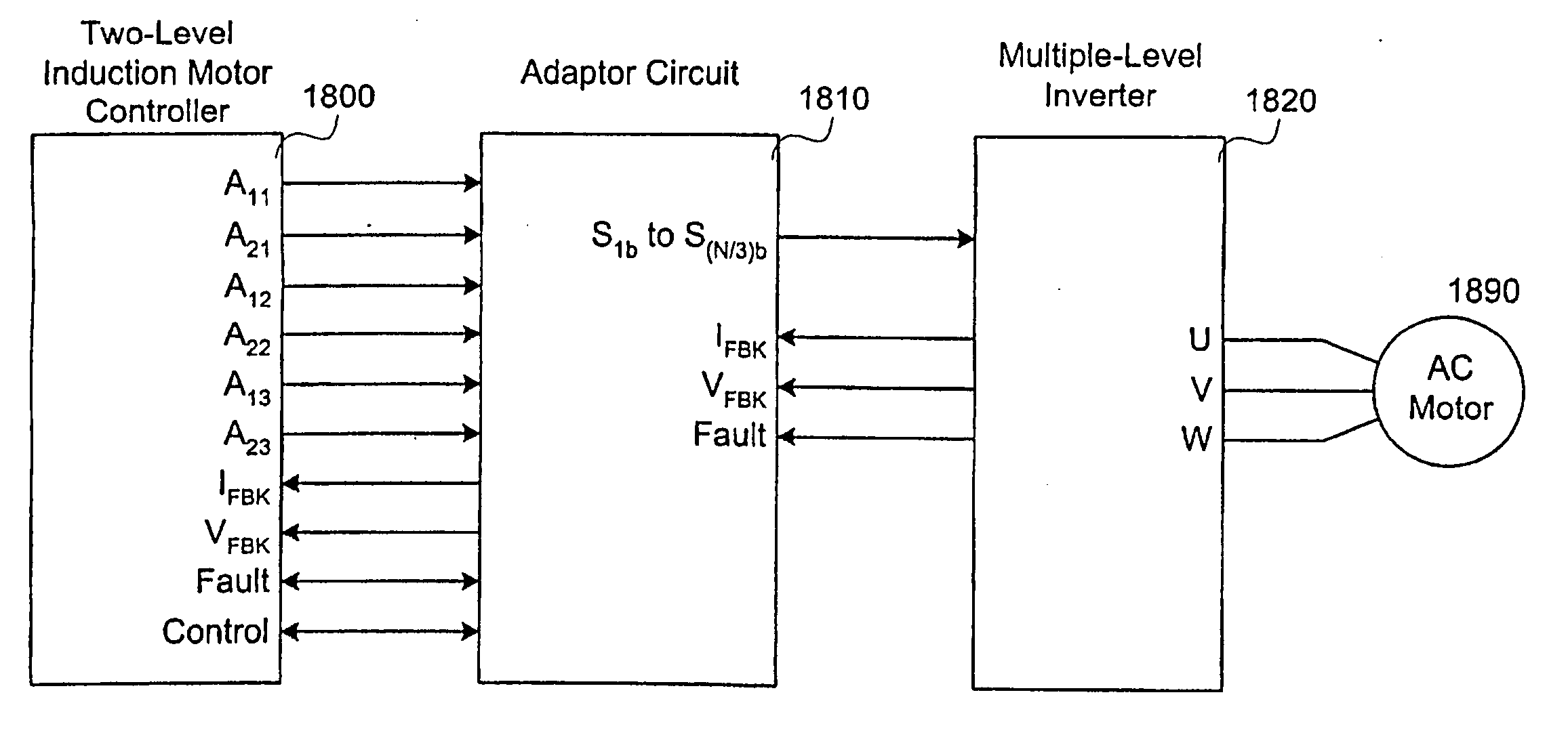 Low voltage, two-level, six-pulse induction motor controller driving a medium-to-high voltage, three-or-more-level ac drive inverter bridge