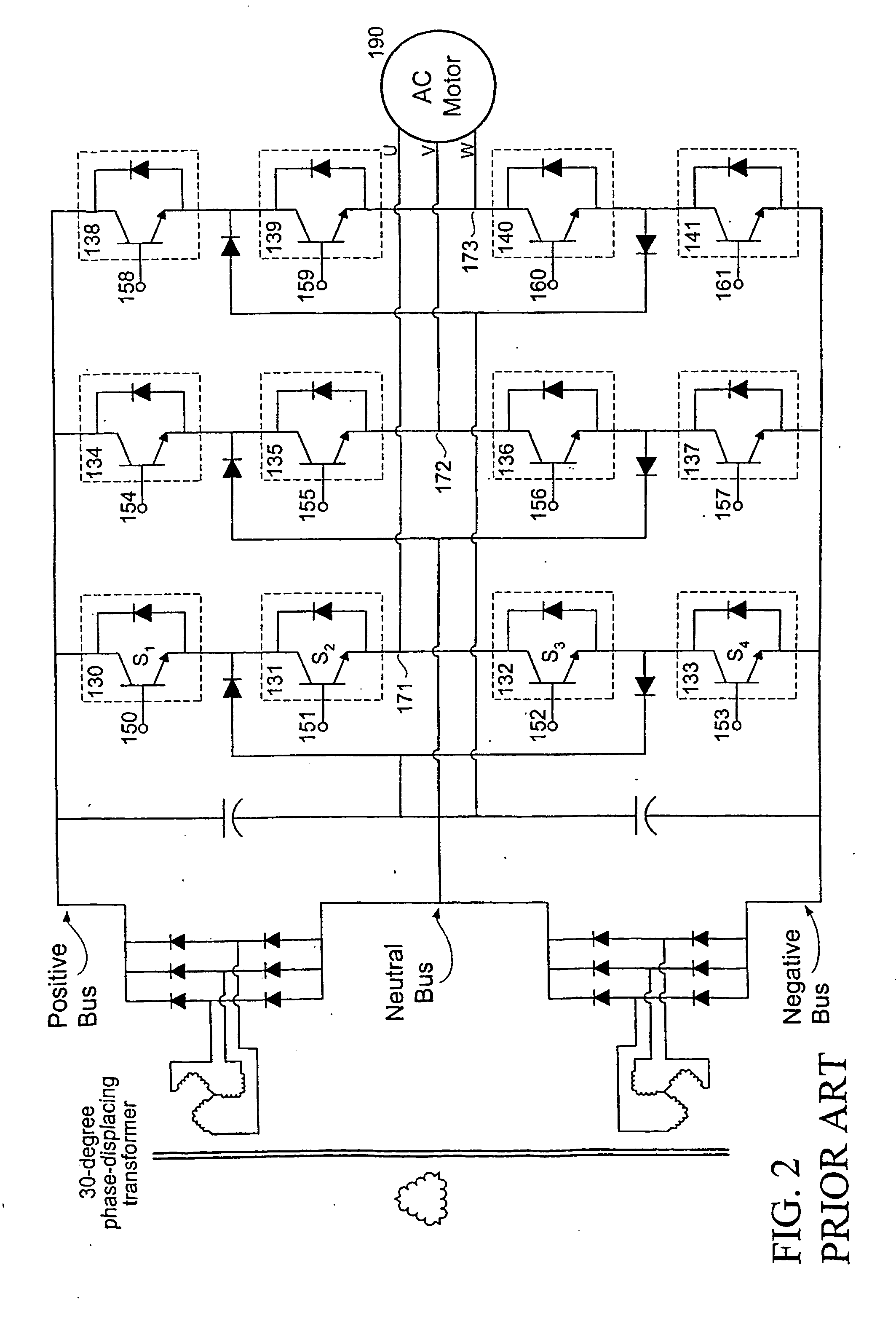Low voltage, two-level, six-pulse induction motor controller driving a medium-to-high voltage, three-or-more-level ac drive inverter bridge