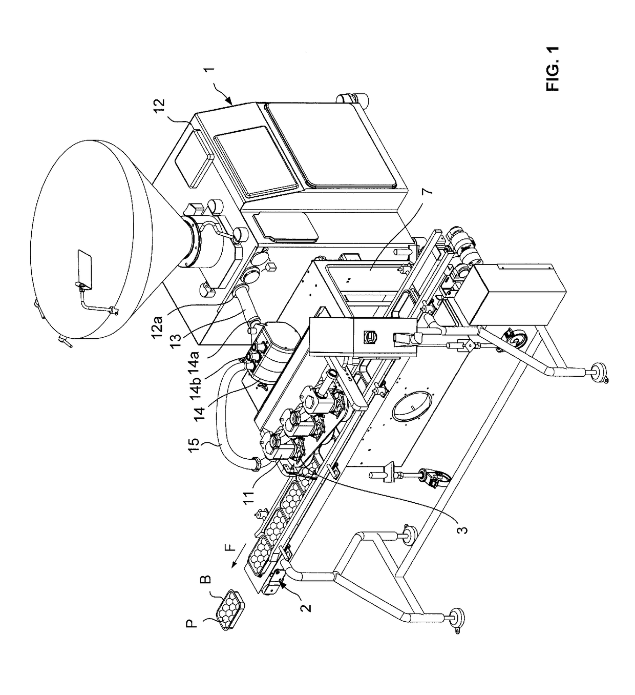 Method and machine for the production of portions, including means for ejecting said portions