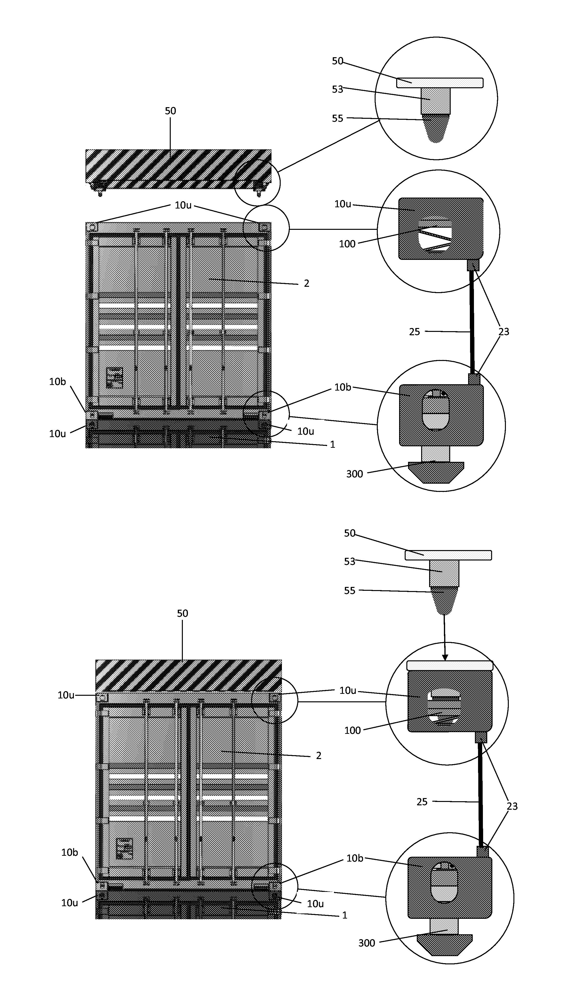 System for securing containers with compressive and torsional actuating unit