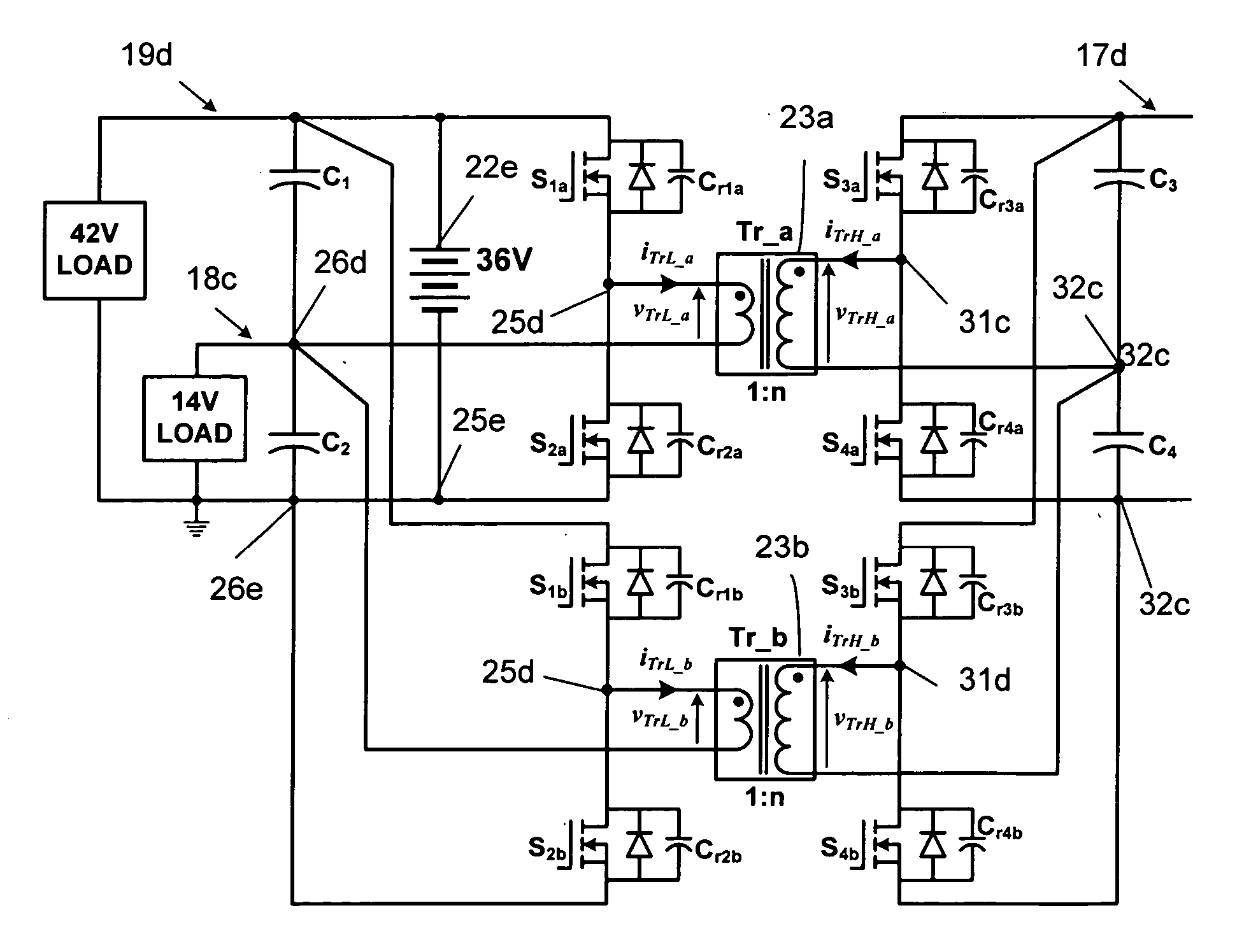 Triple voltage DC-to-DC converter and method