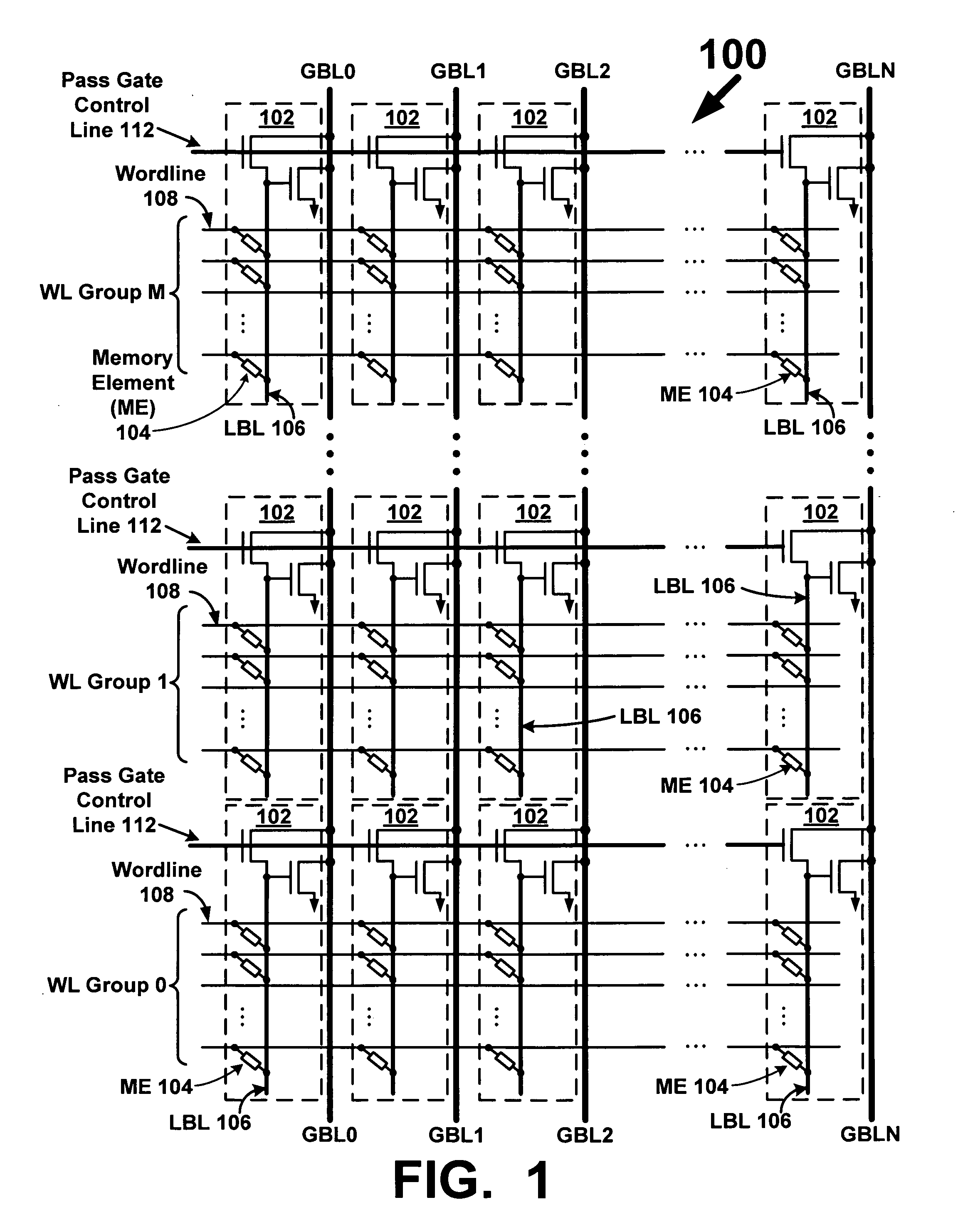 Memory array with local bitlines and local-to-global bitline pass gates and gain stages