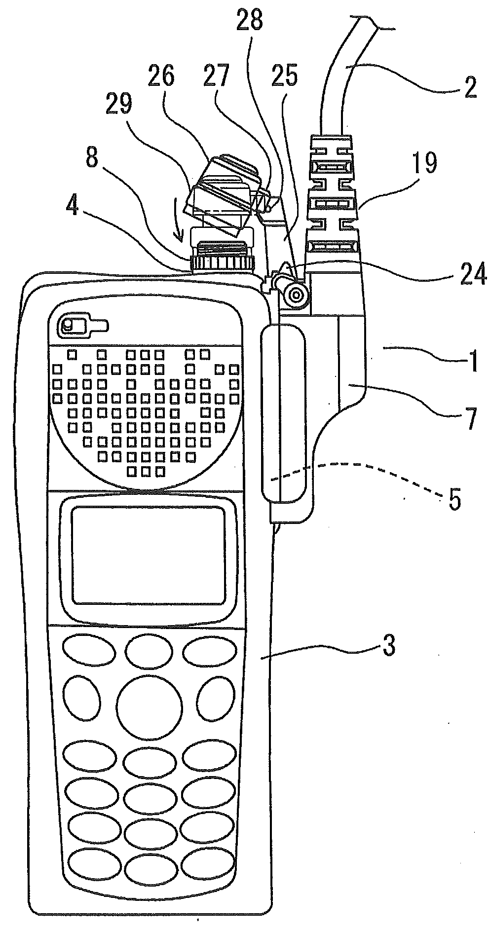 Connector for connecting cable of hand microphone with antenna to portable radio machine body