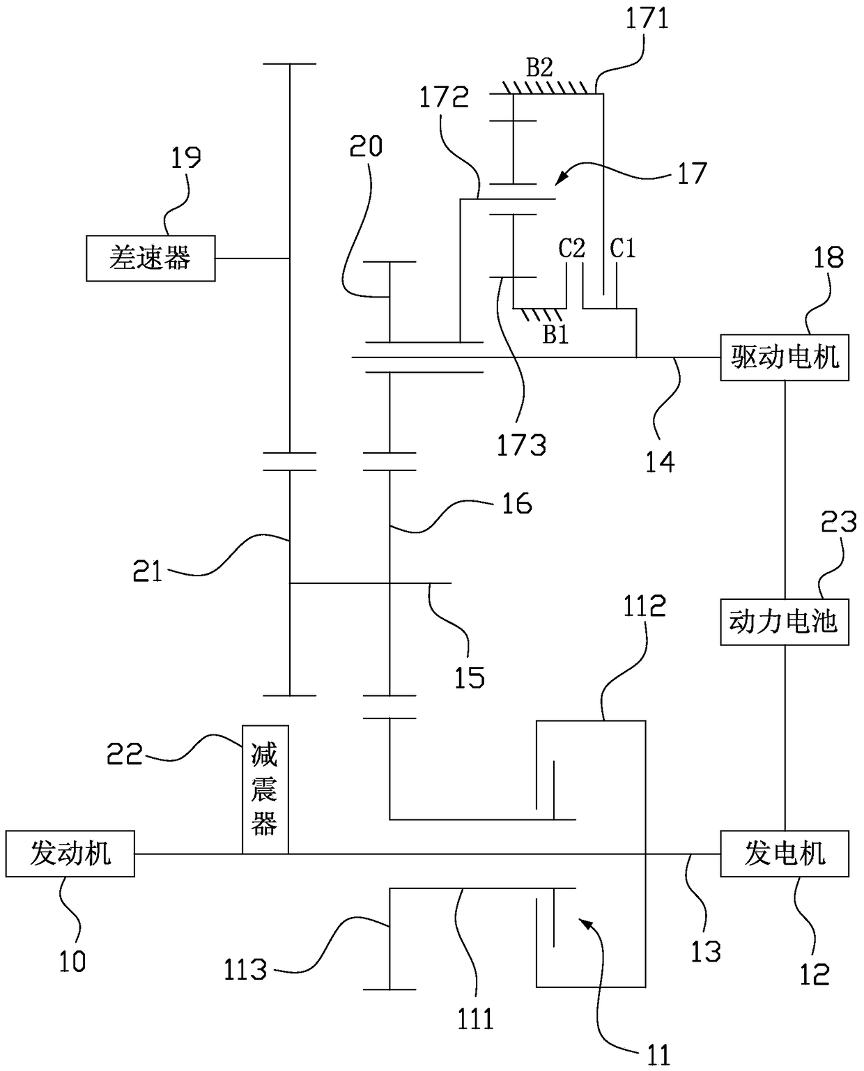 Hybrid two-speed transmission transmission system and hybrid electric vehicle