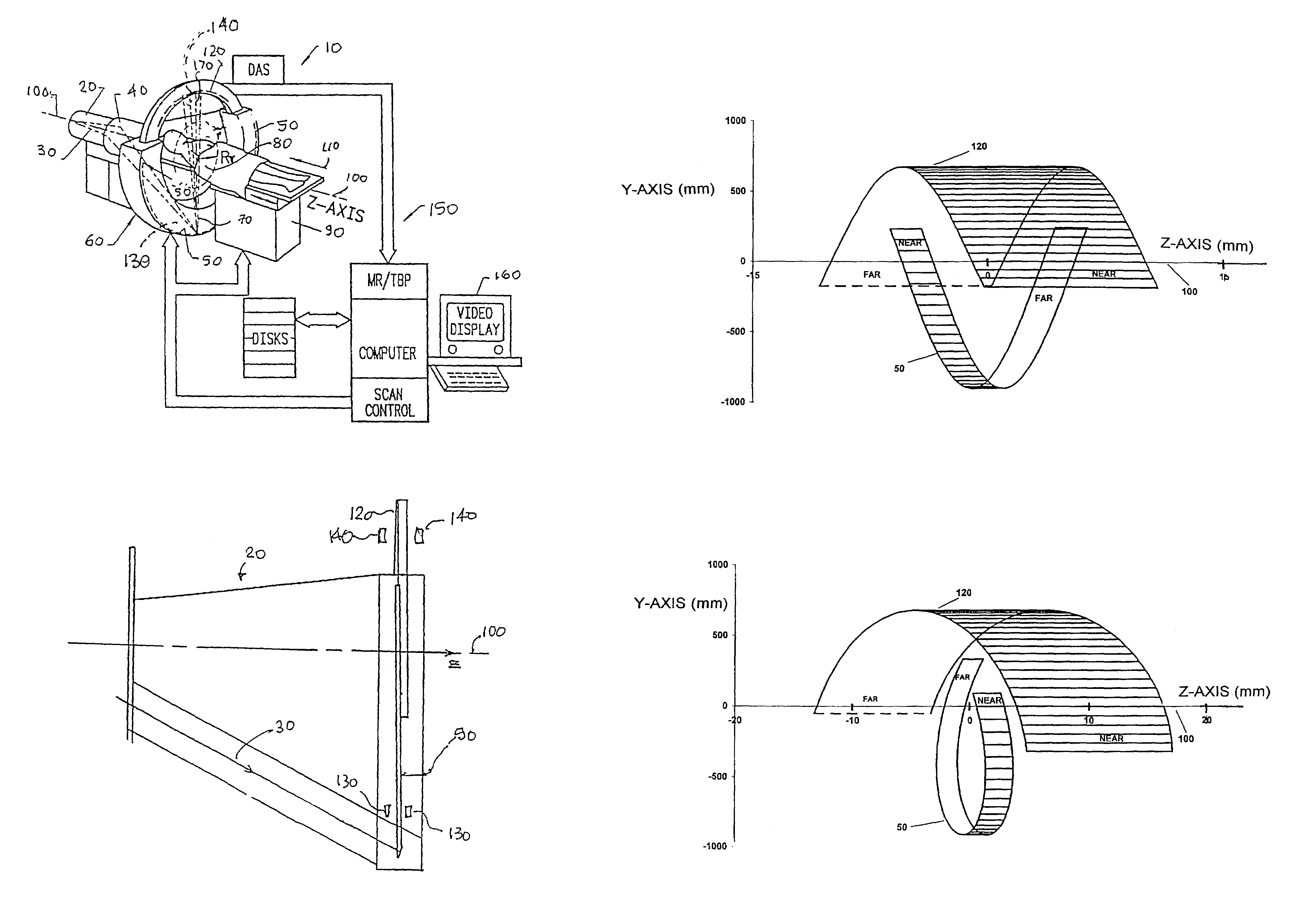 Electron beam computed tomographic scanner system with helical or tilted target, collimator and detector components to eliminate cone beam error and to scan continuously moving objects
