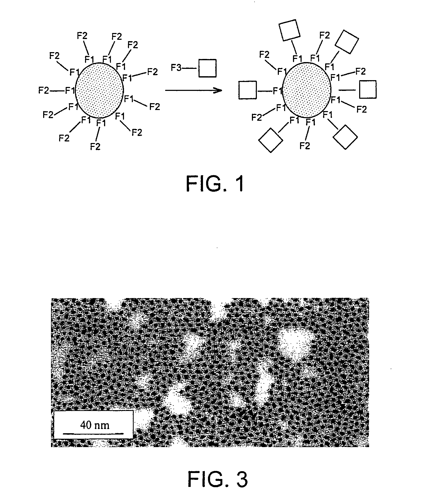 Nanoparticles comprising a metal core and an organic double coating useful as catalysts and device containing the nanoparticles